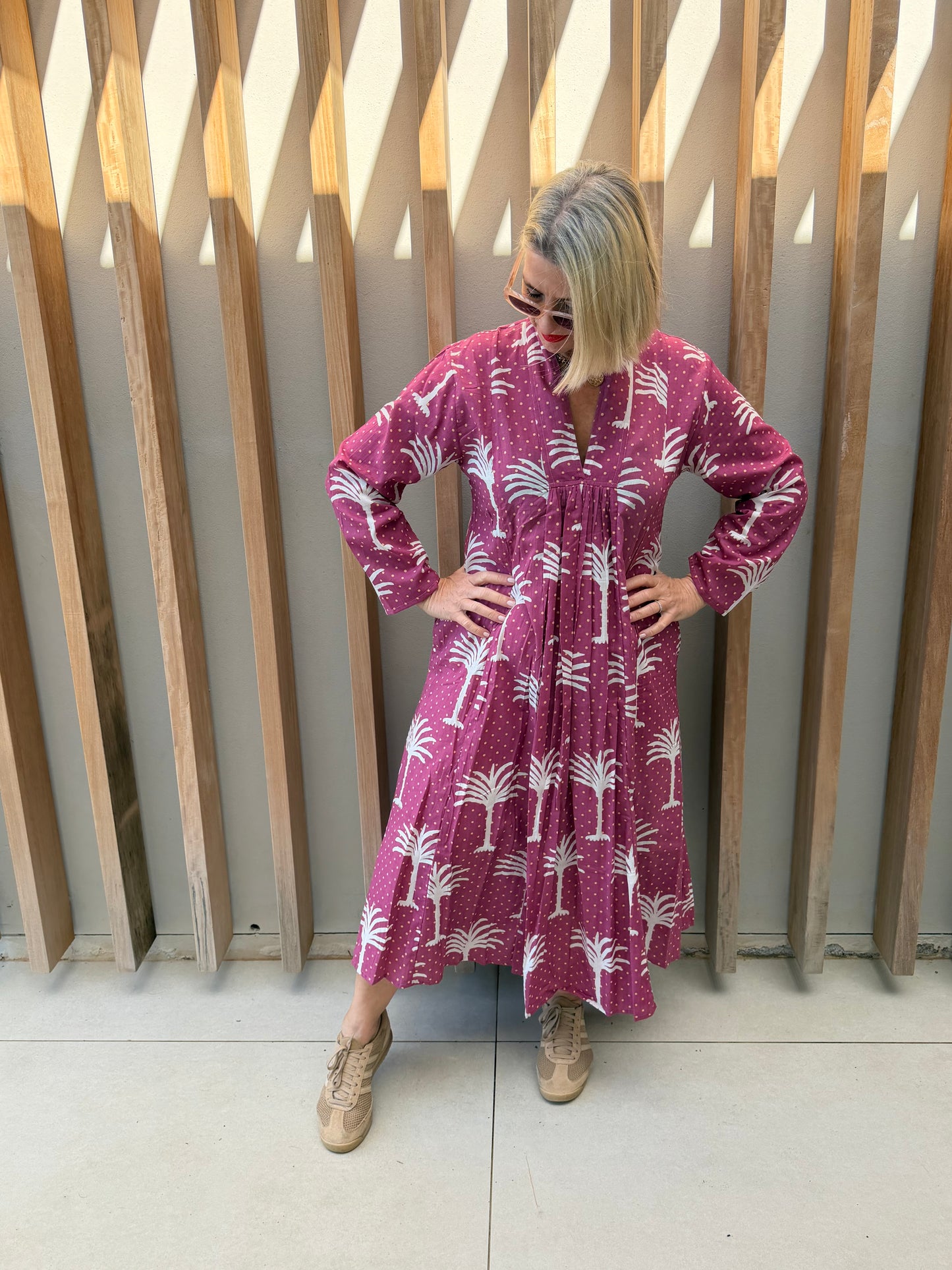 Dark pink dress with white palm pattern