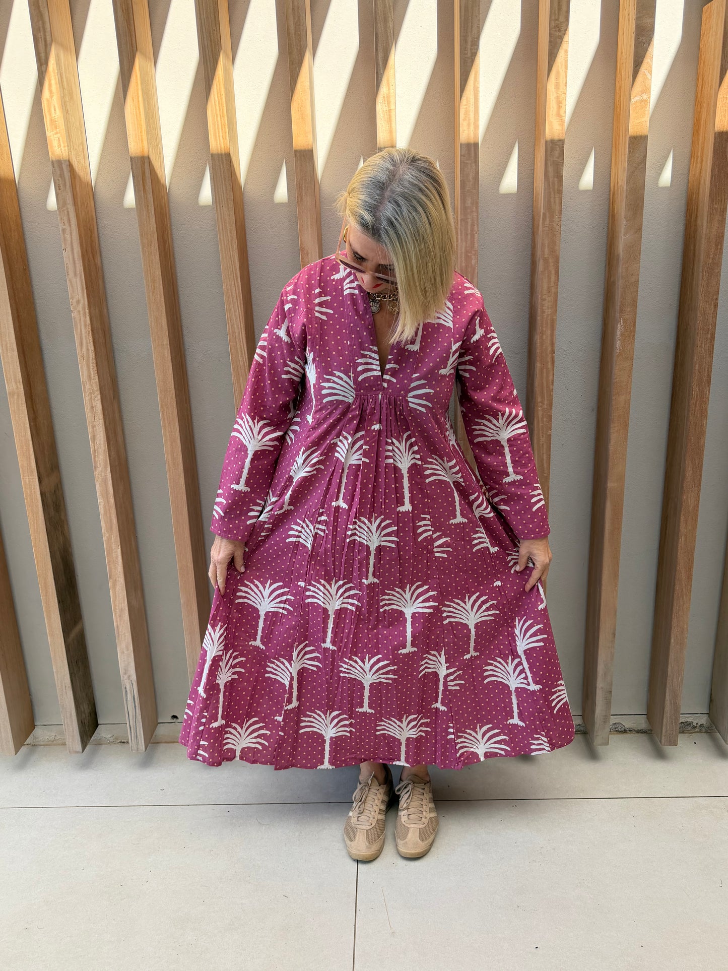 Dark pink dress with white palm pattern