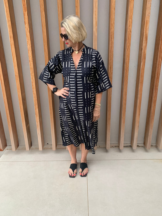 Black dress with cream dot dash pattern