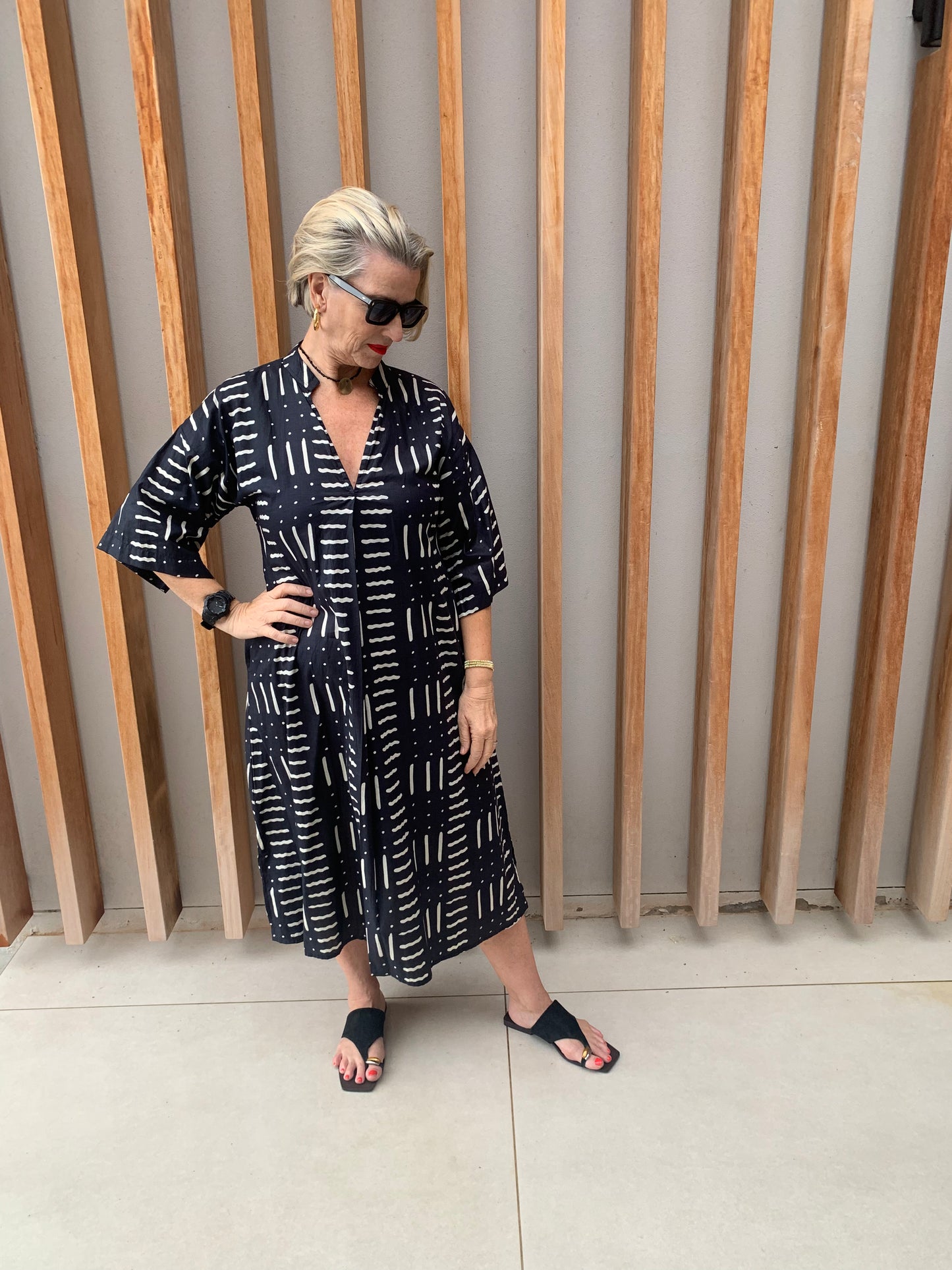 Black dress with cream dot dash pattern