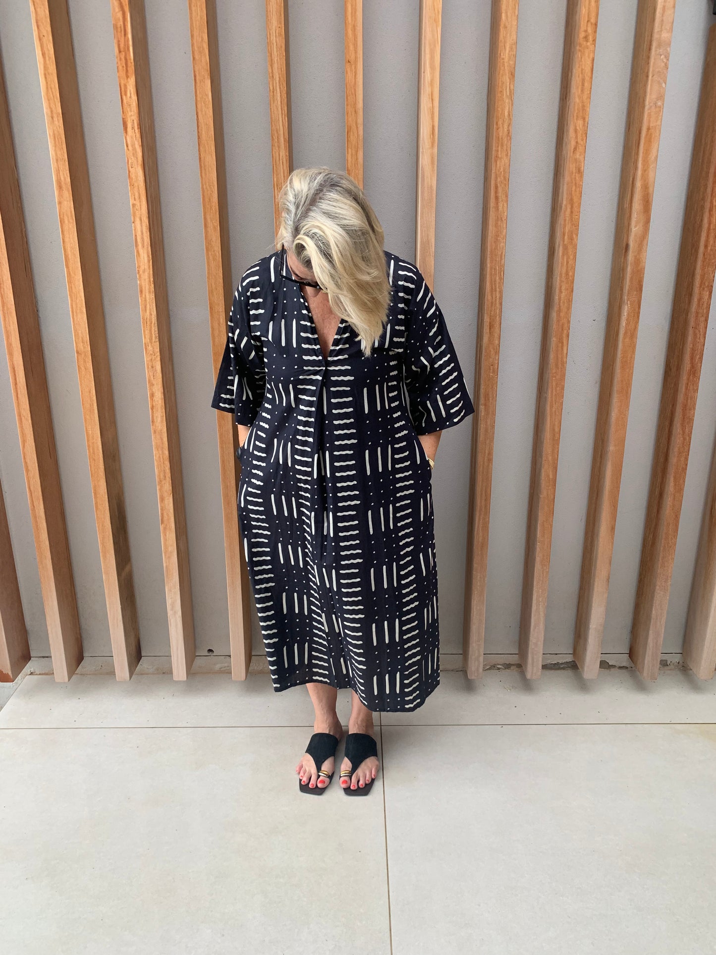 Black dress with cream dot dash pattern