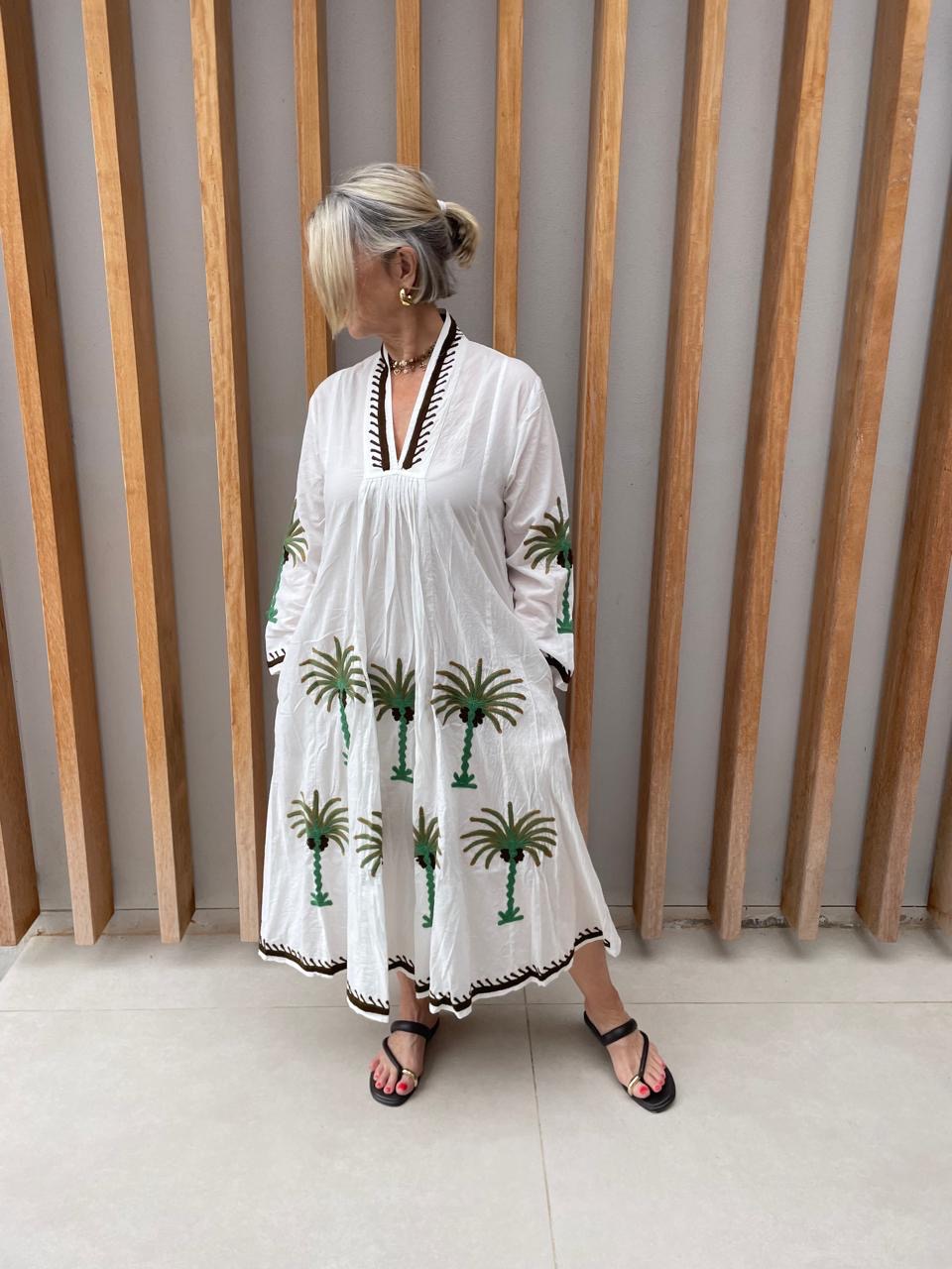 White dress with embroidered green & brown palm