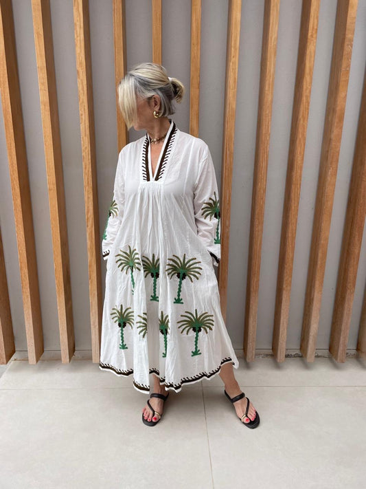 White dress with embroidered green & brown palm
