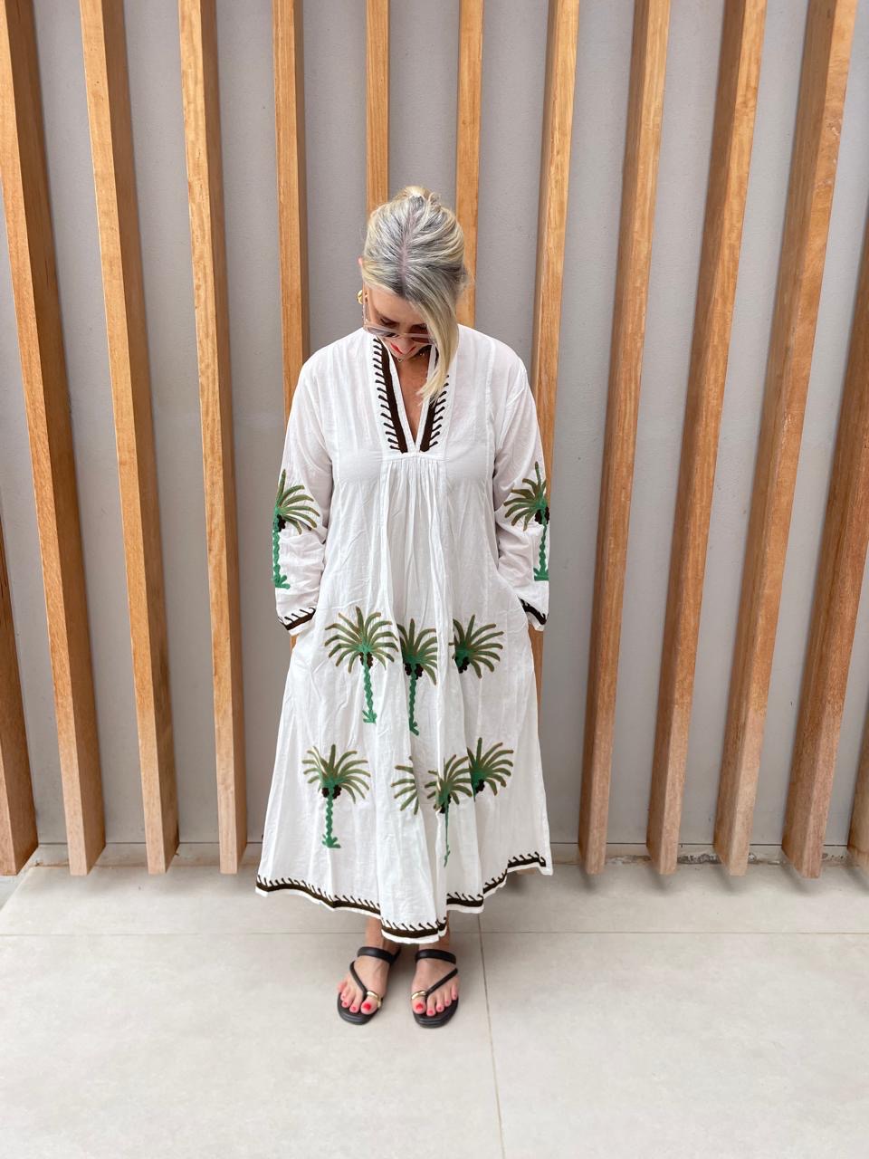 White dress with embroidered green & brown palm