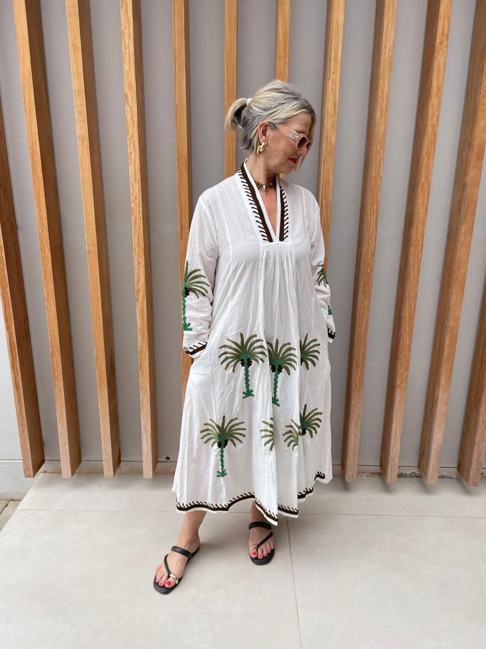 White dress with embroidered green & brown palm