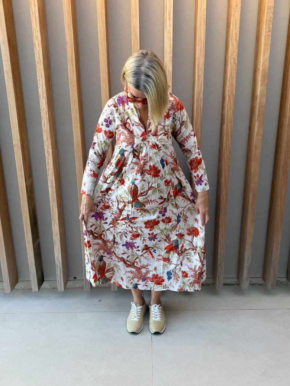 White dress with floral bird pattern