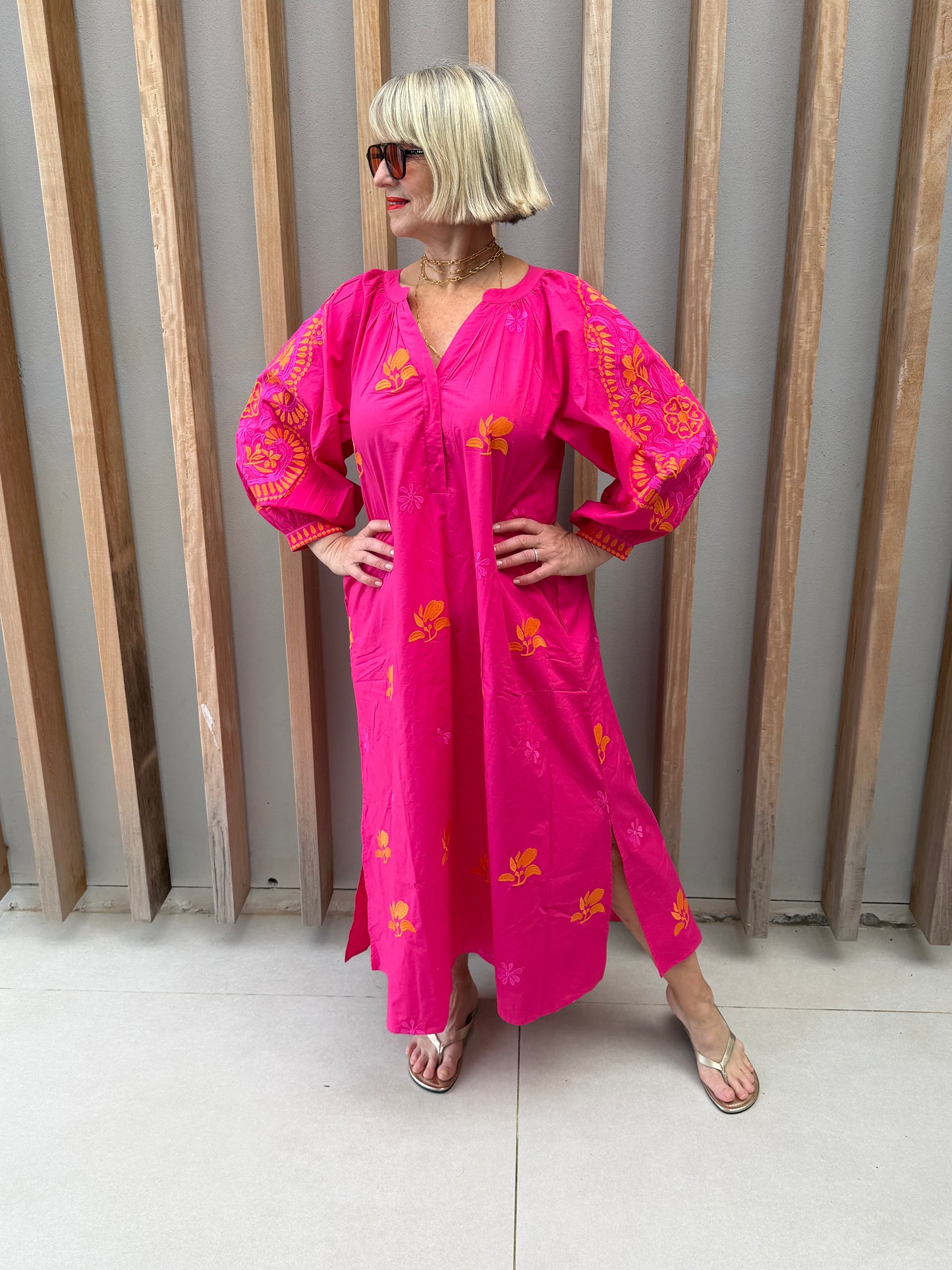 Fuchsia pink embroidered dress