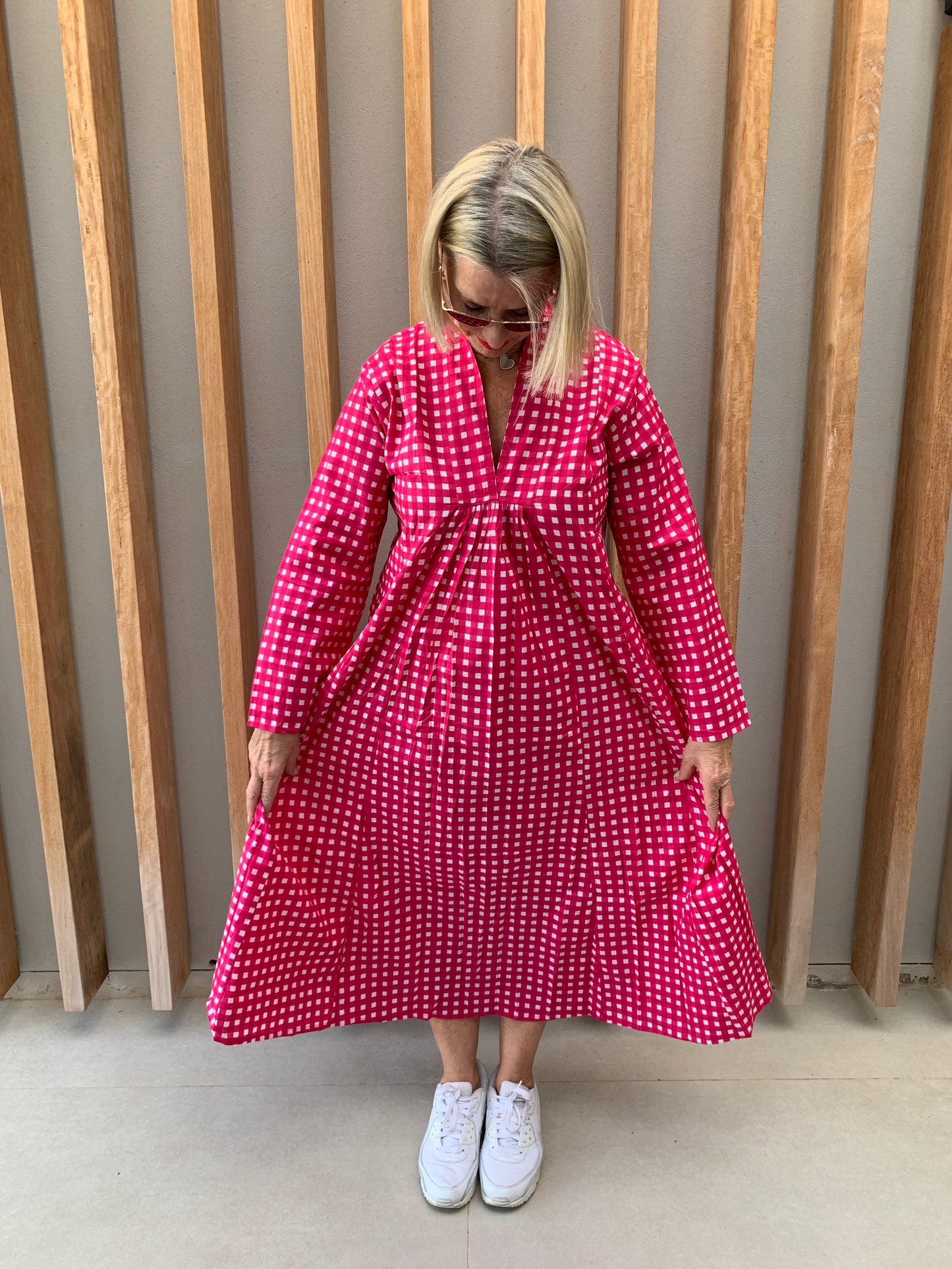 Fuchsia pink dress with white checks