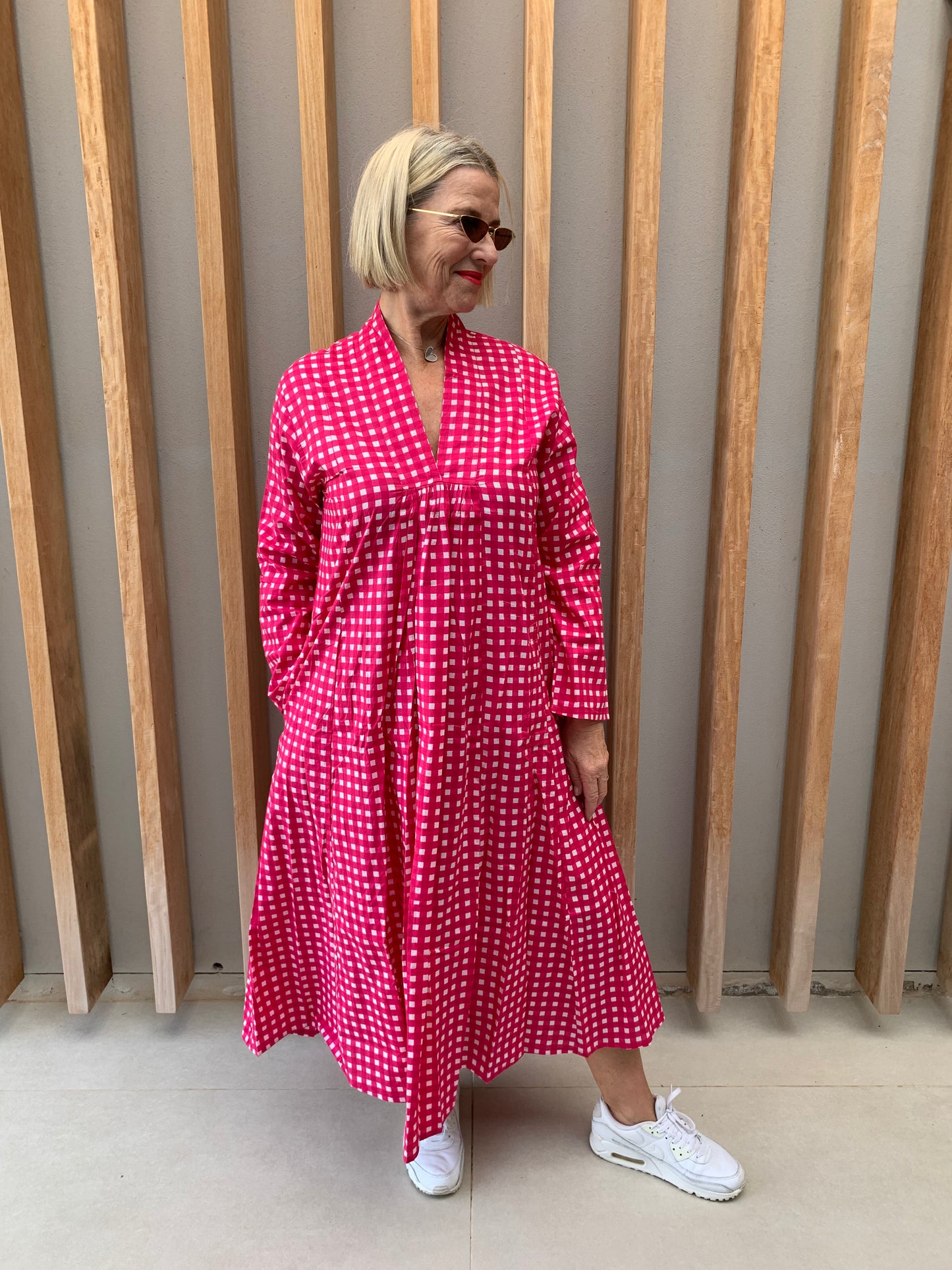Fuchsia pink dress with white checks