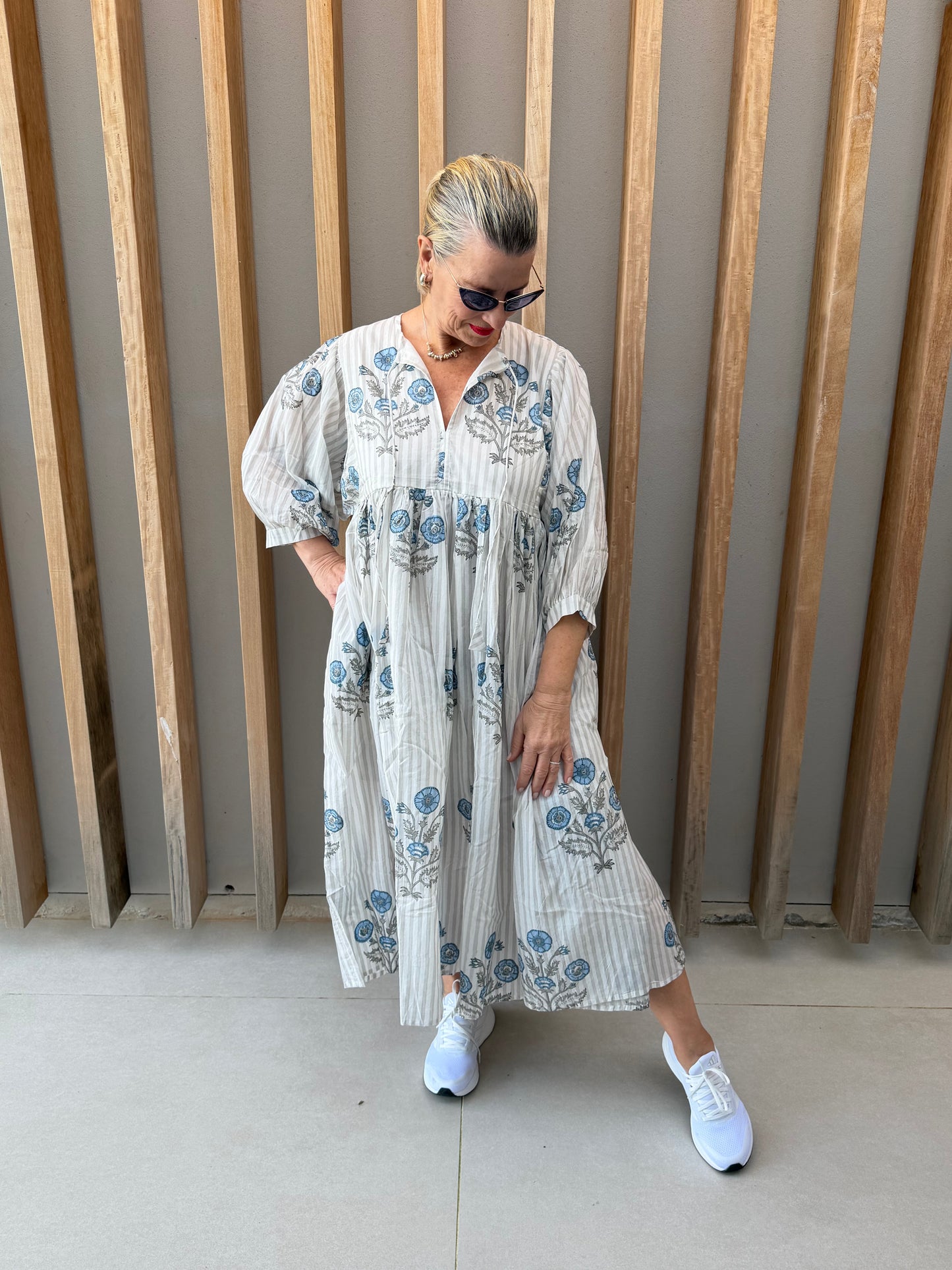 Grey & white striped floral dress