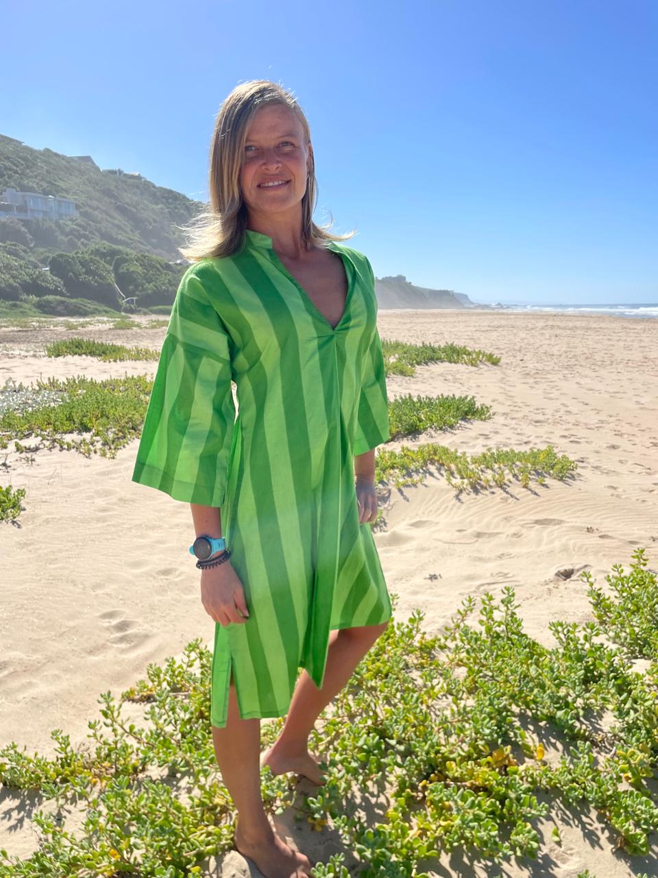 Green two tone short striped dress