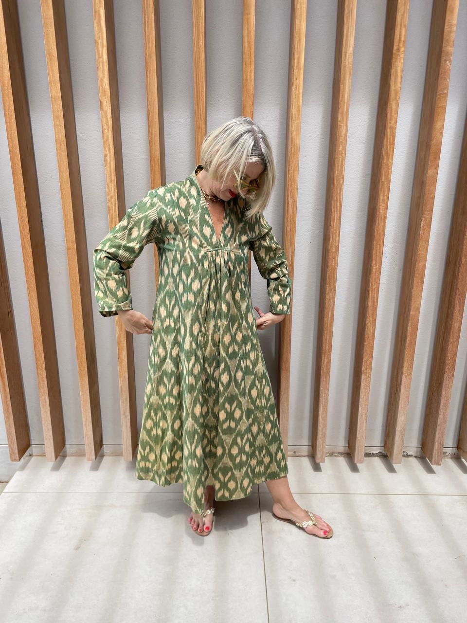 Green & beige geometric dress