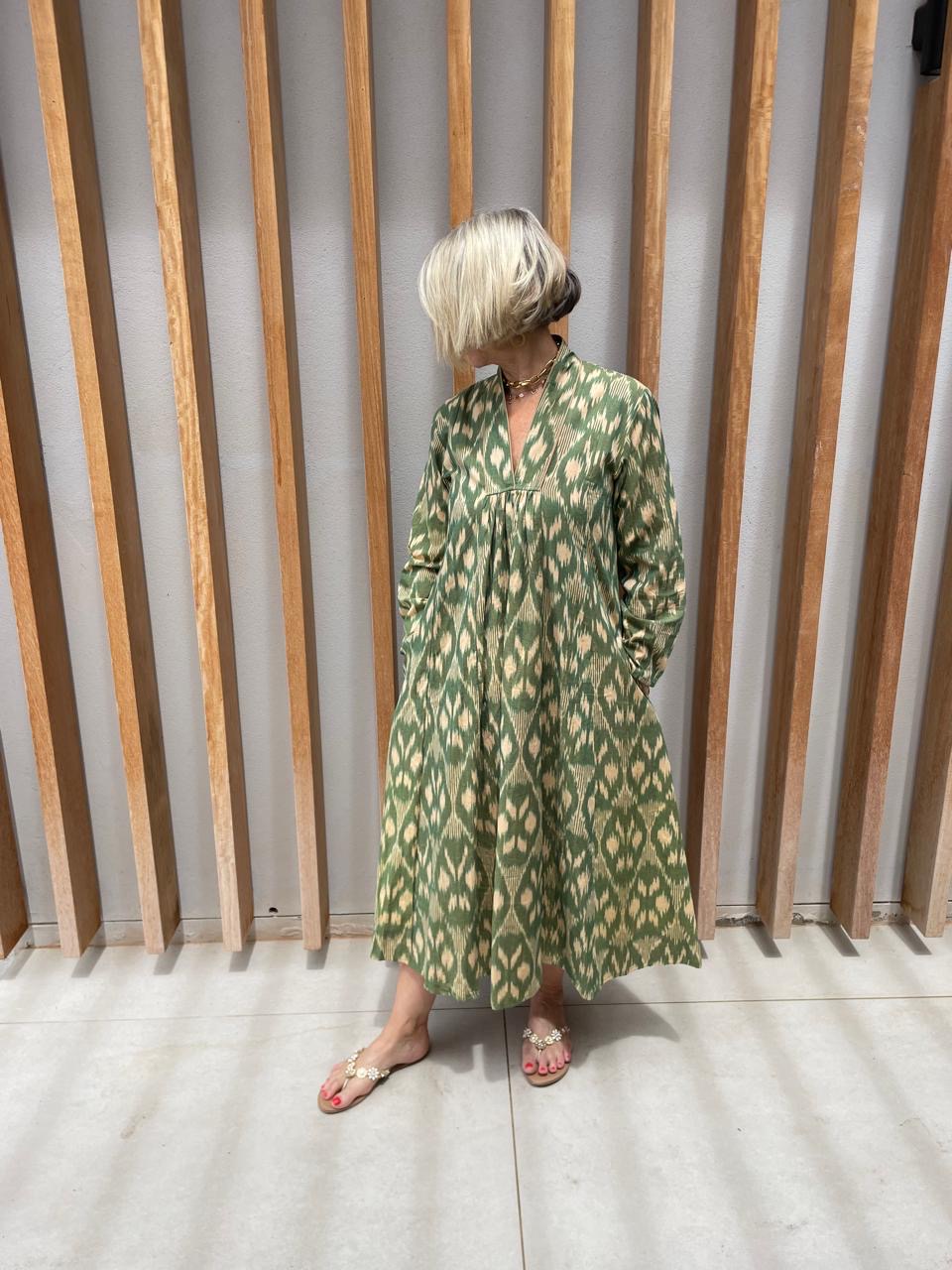 Green & beige geometric dress