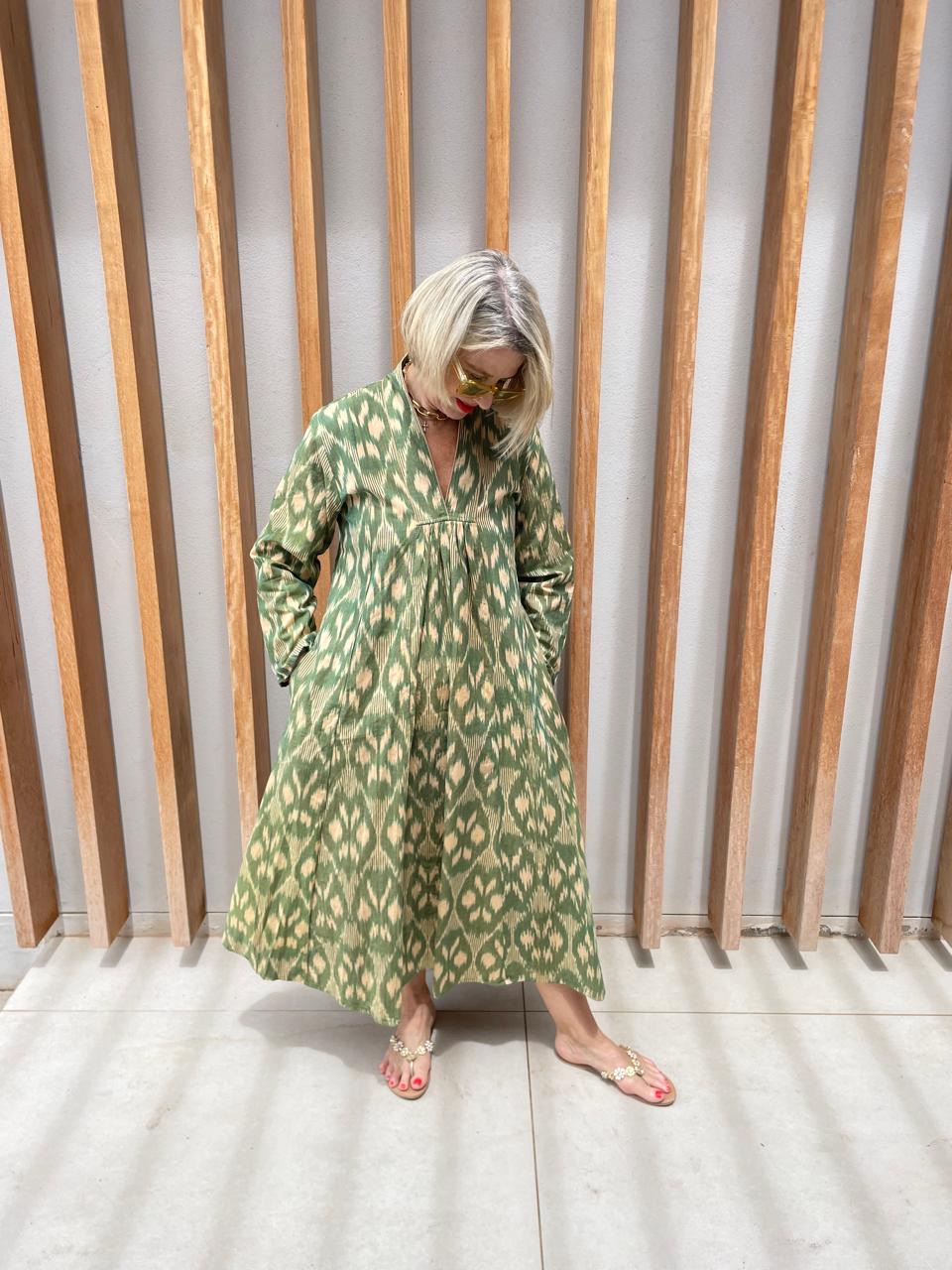 Green & beige geometric dress