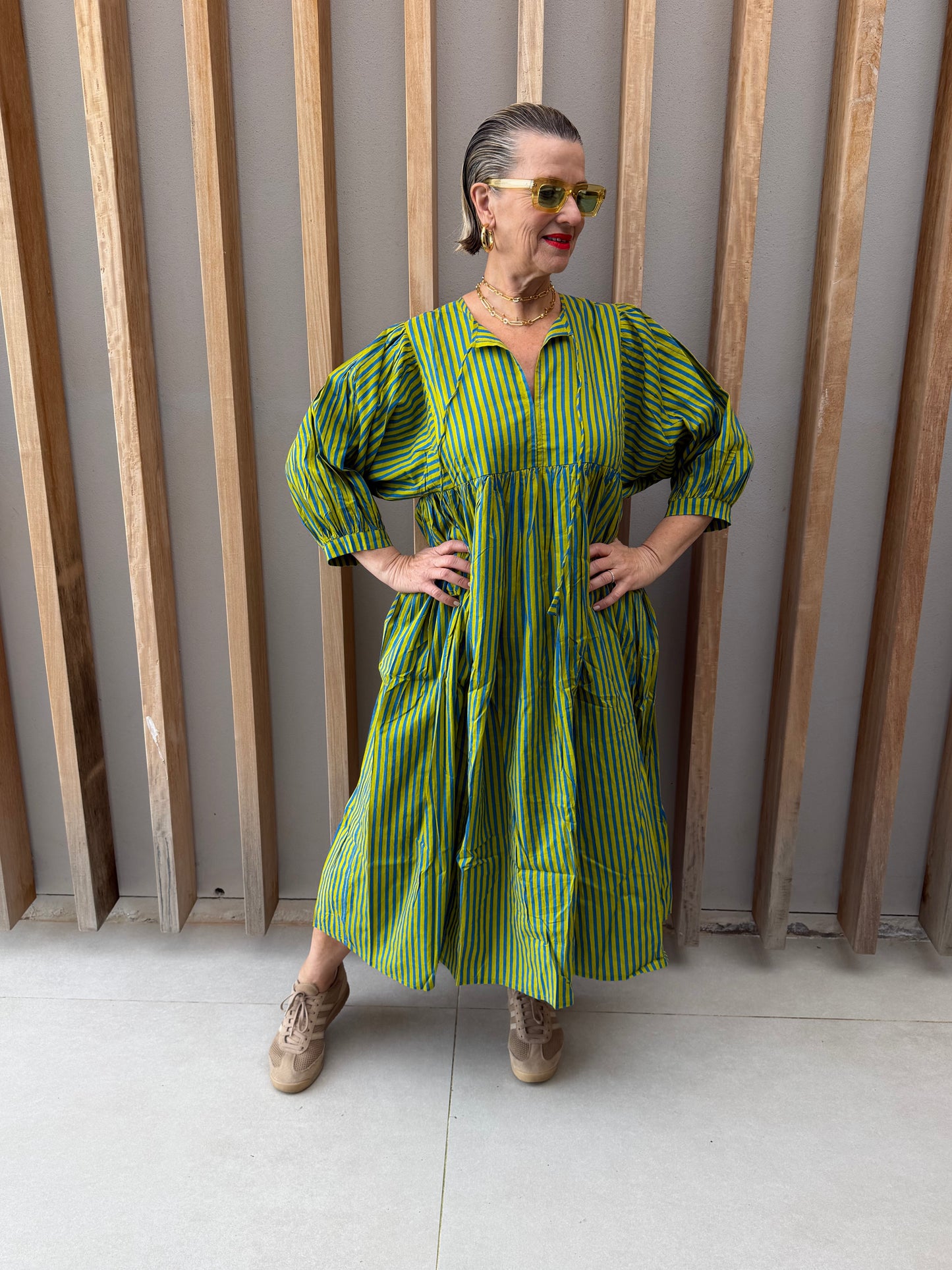 Lime green & blue striped dress
