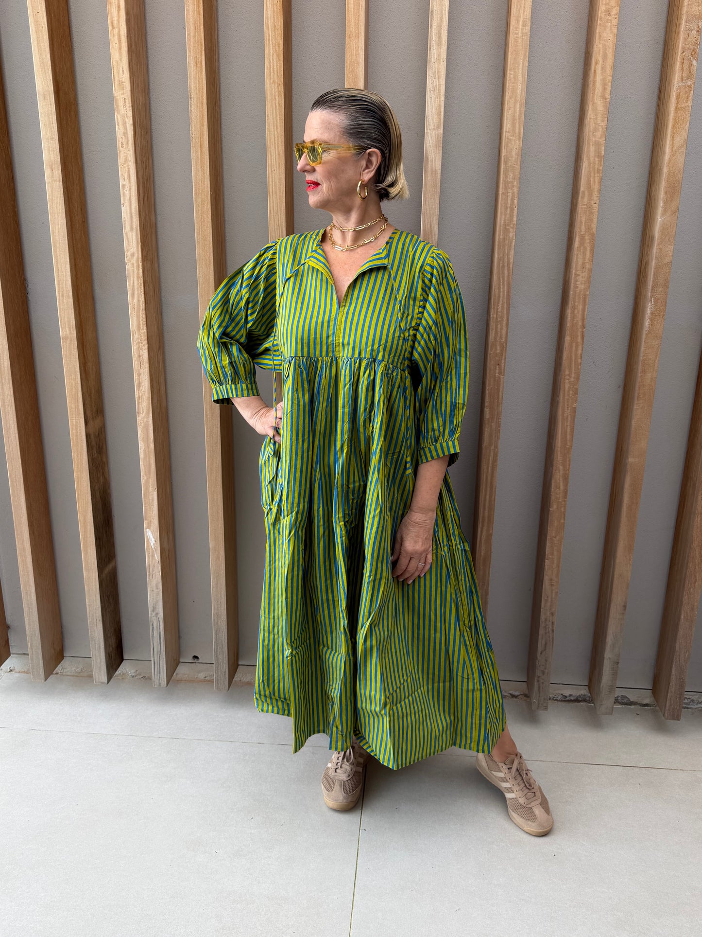 Lime green & blue striped dress
