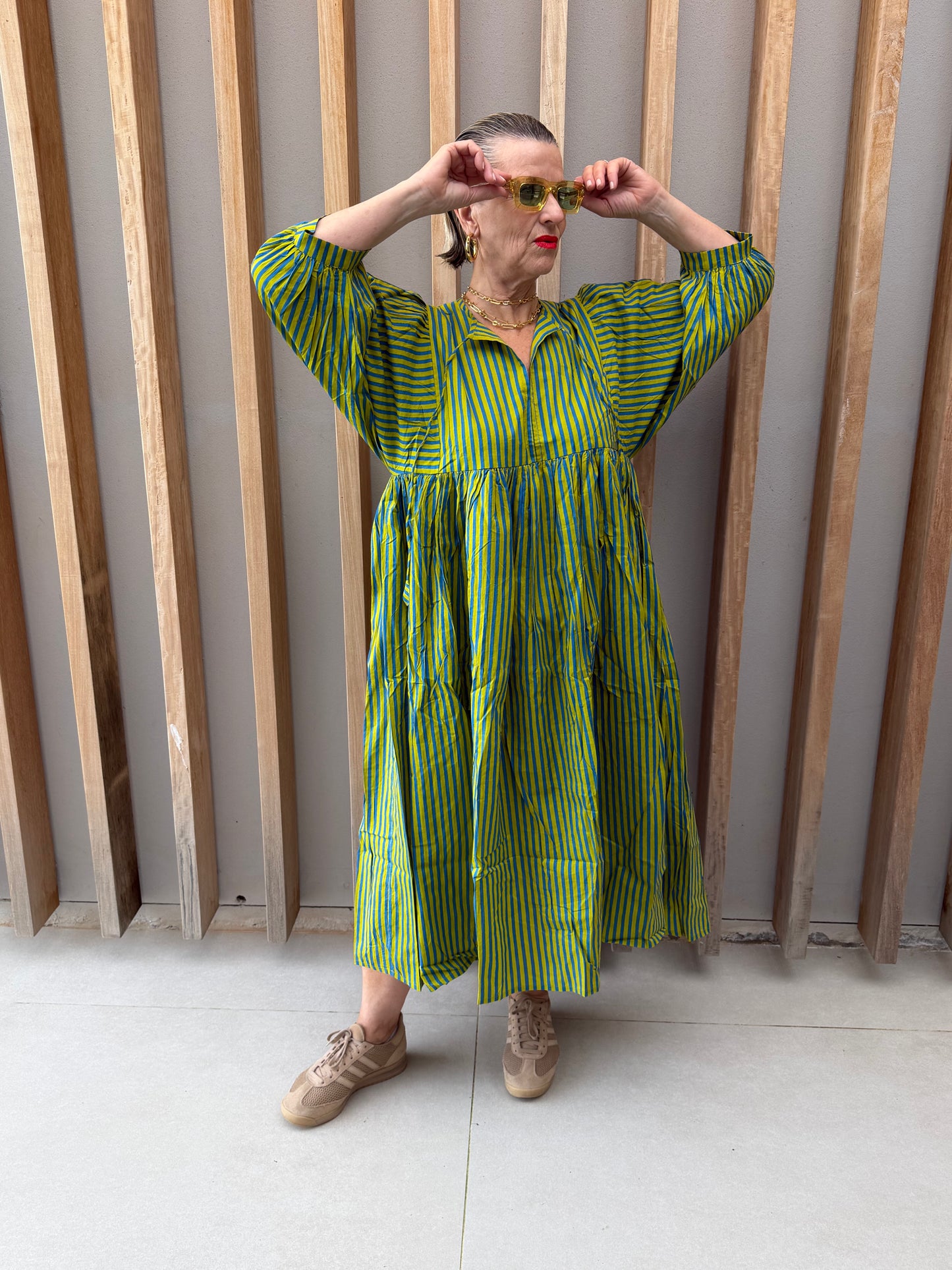 Lime green & blue striped dress