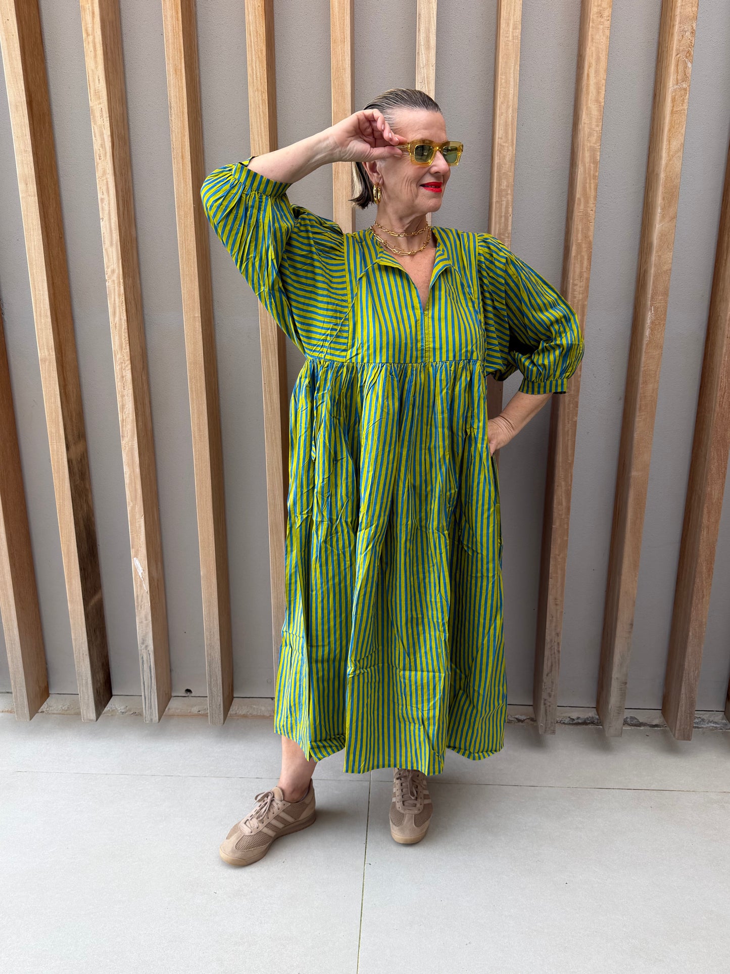Lime green & blue striped dress