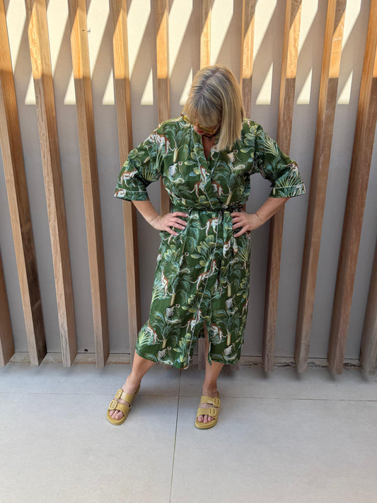 Green Kimono with fan palm pattern