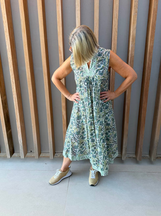 Green floral sleeveless dress