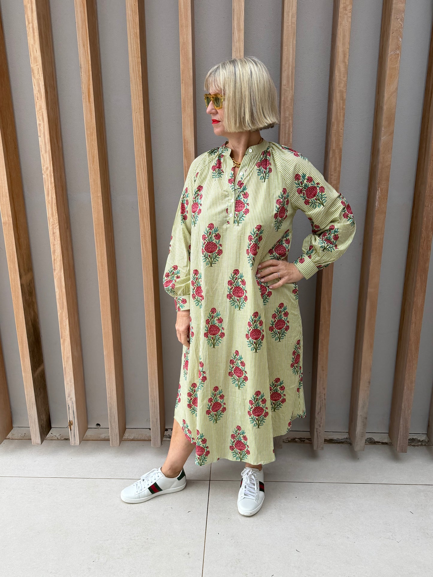 Green & white thin striped Kurta dress with floral pattern