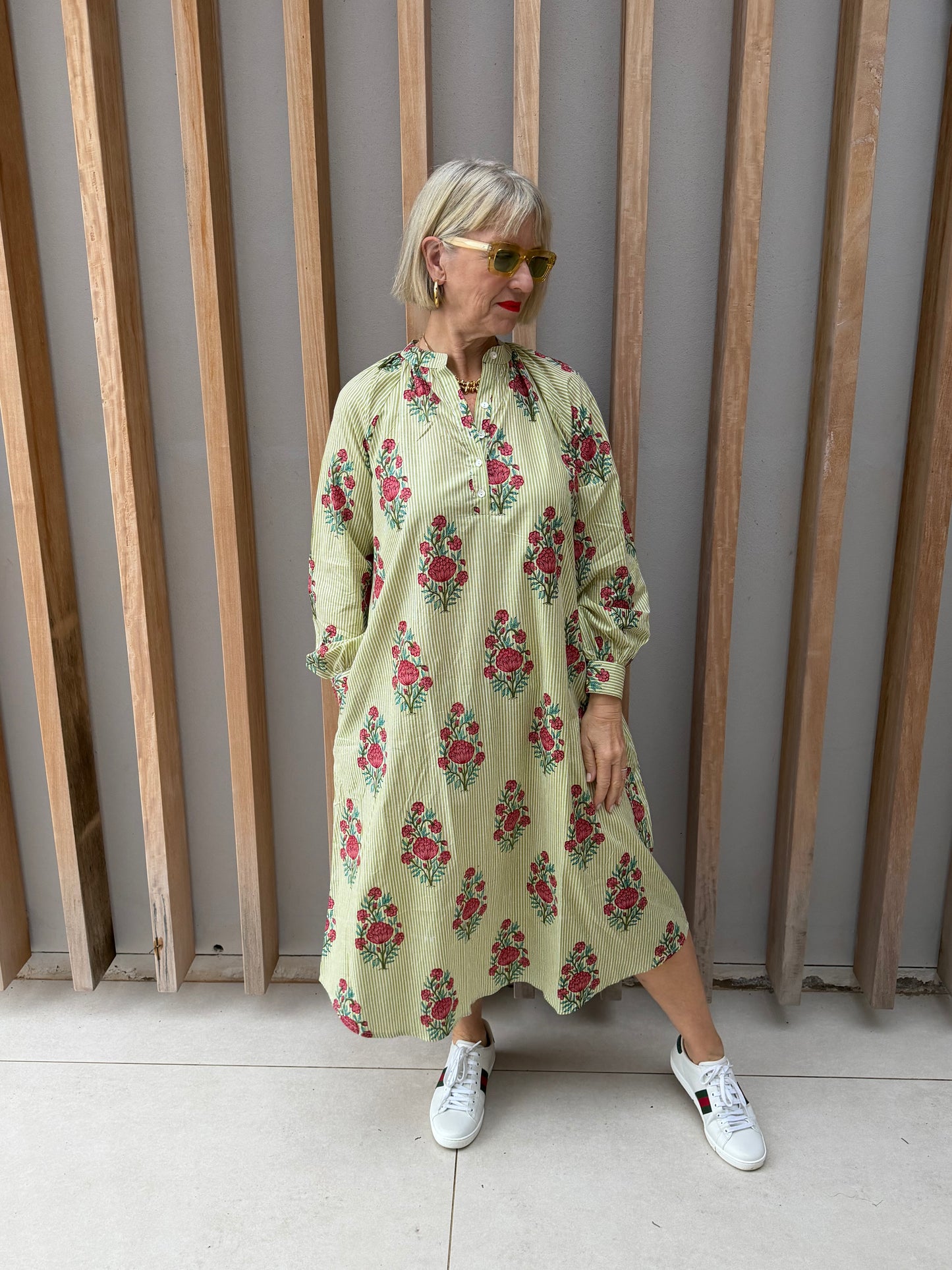 Green & white thin striped Kurta dress with floral pattern