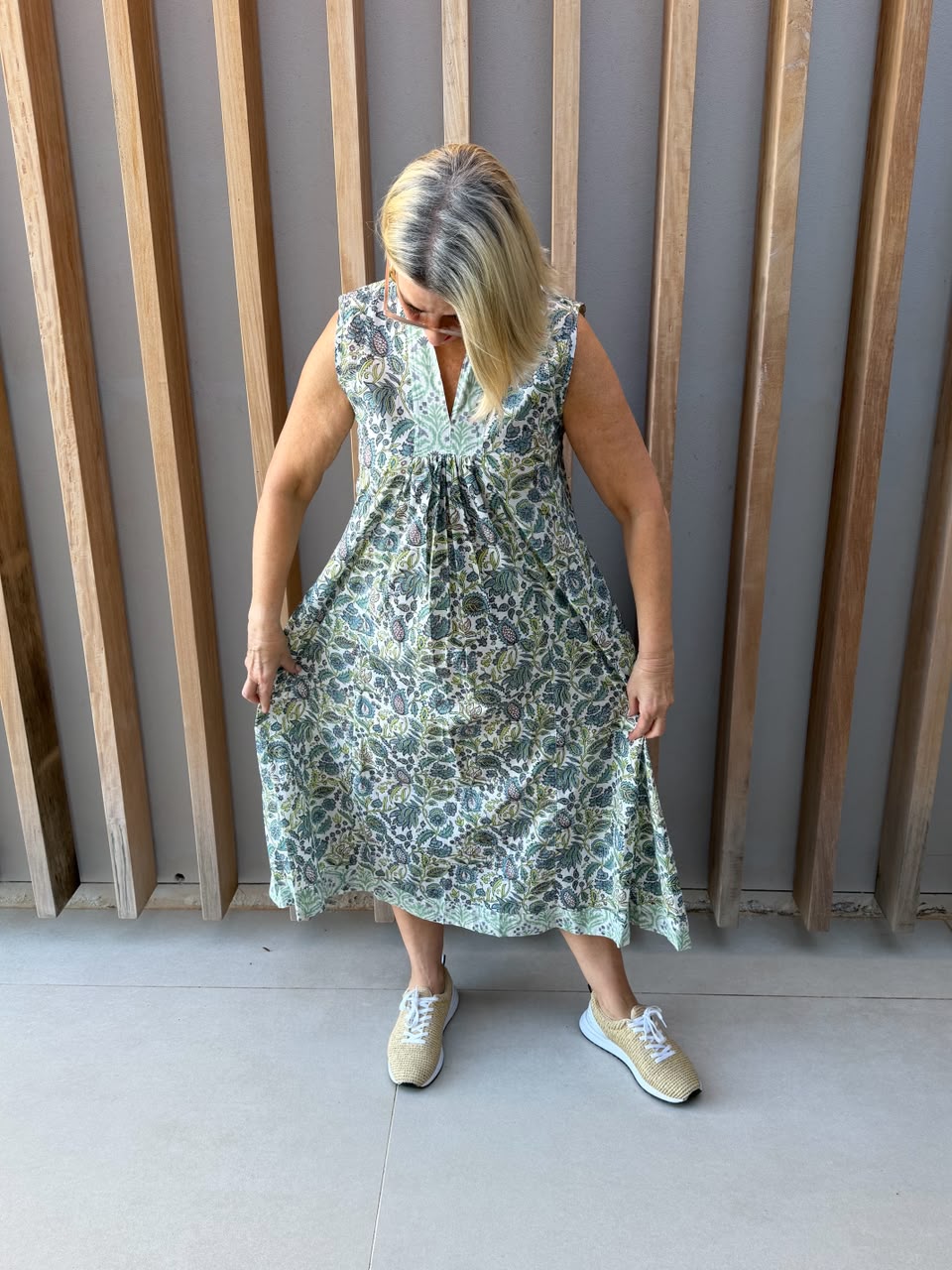 Green floral sleeveless dress
