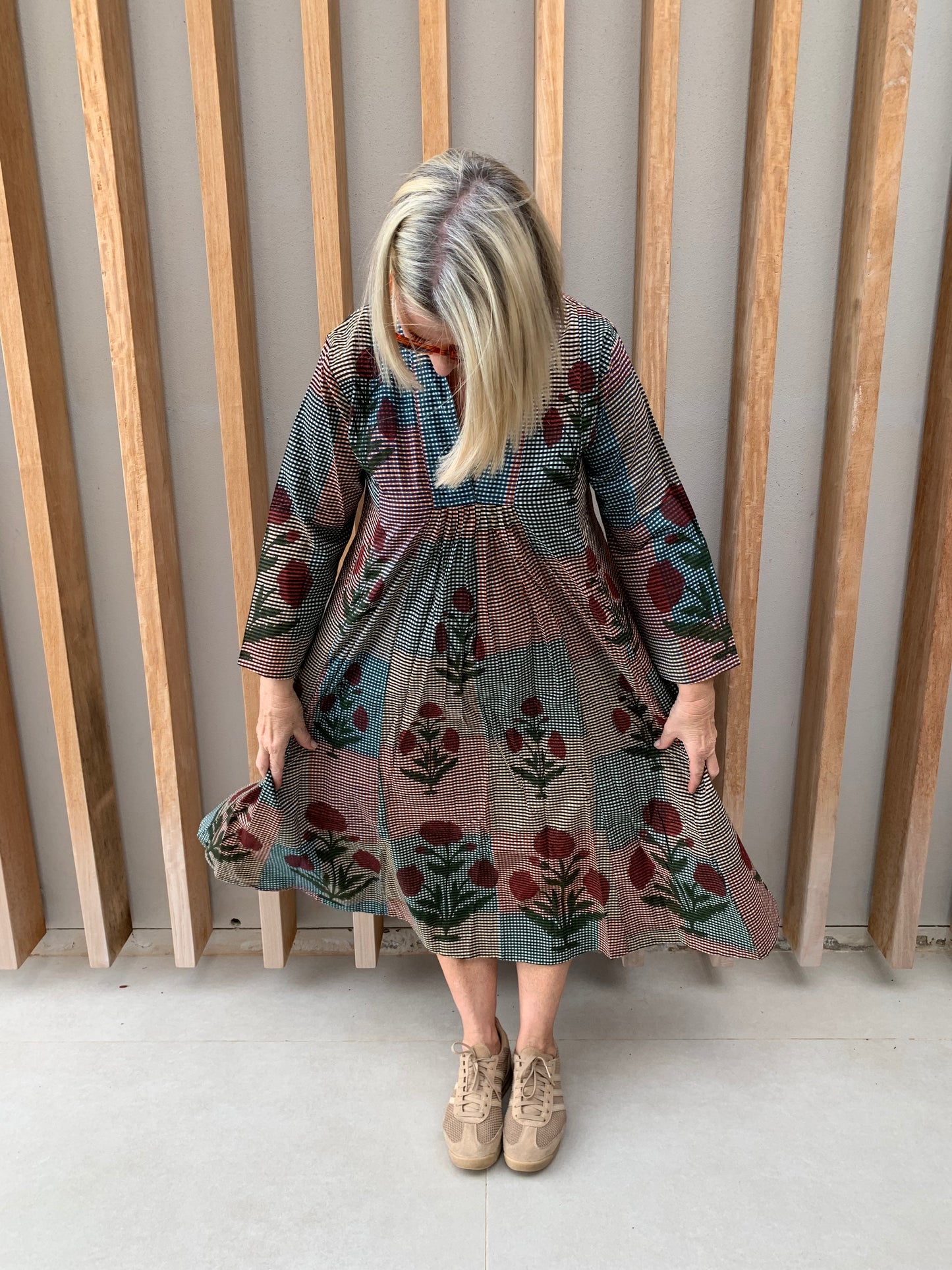 Green & orange fine checked dress with red poppy pattern