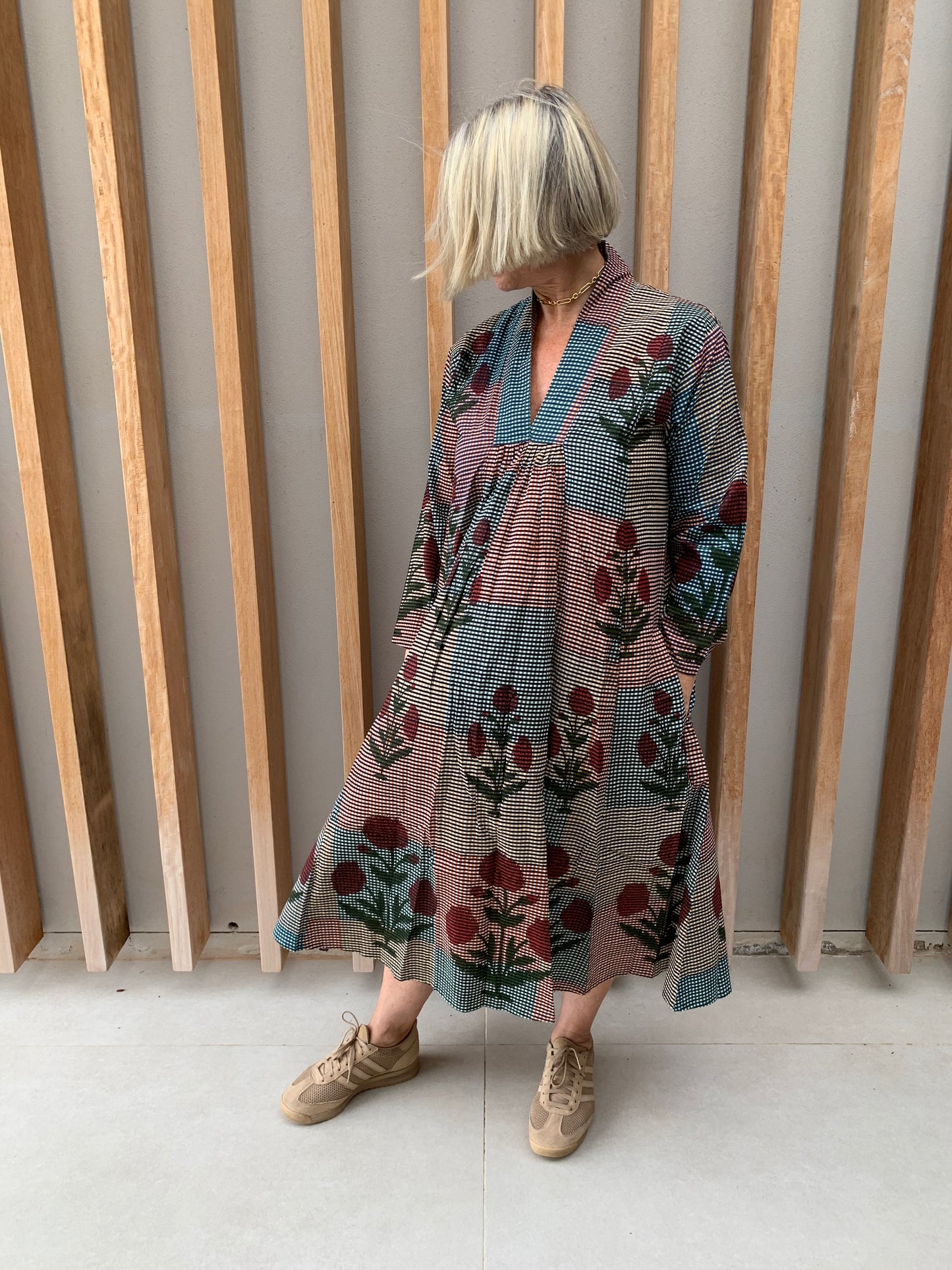 Green & orange fine checked dress with red poppy pattern
