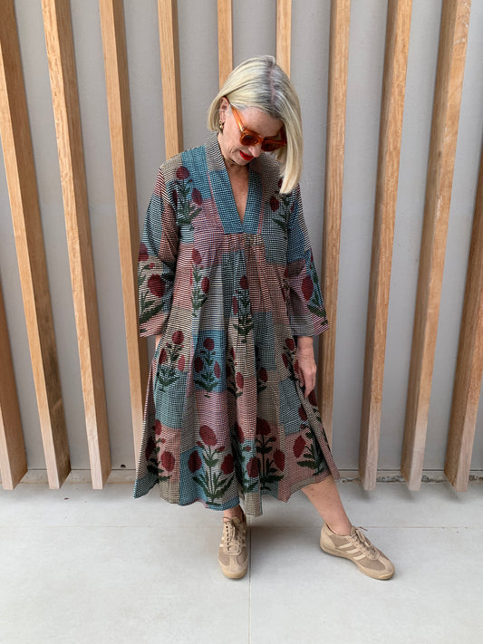 Green & orange fine checked dress with red poppy pattern