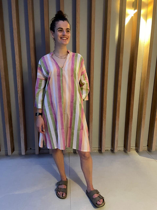 Green & pink striped dress
