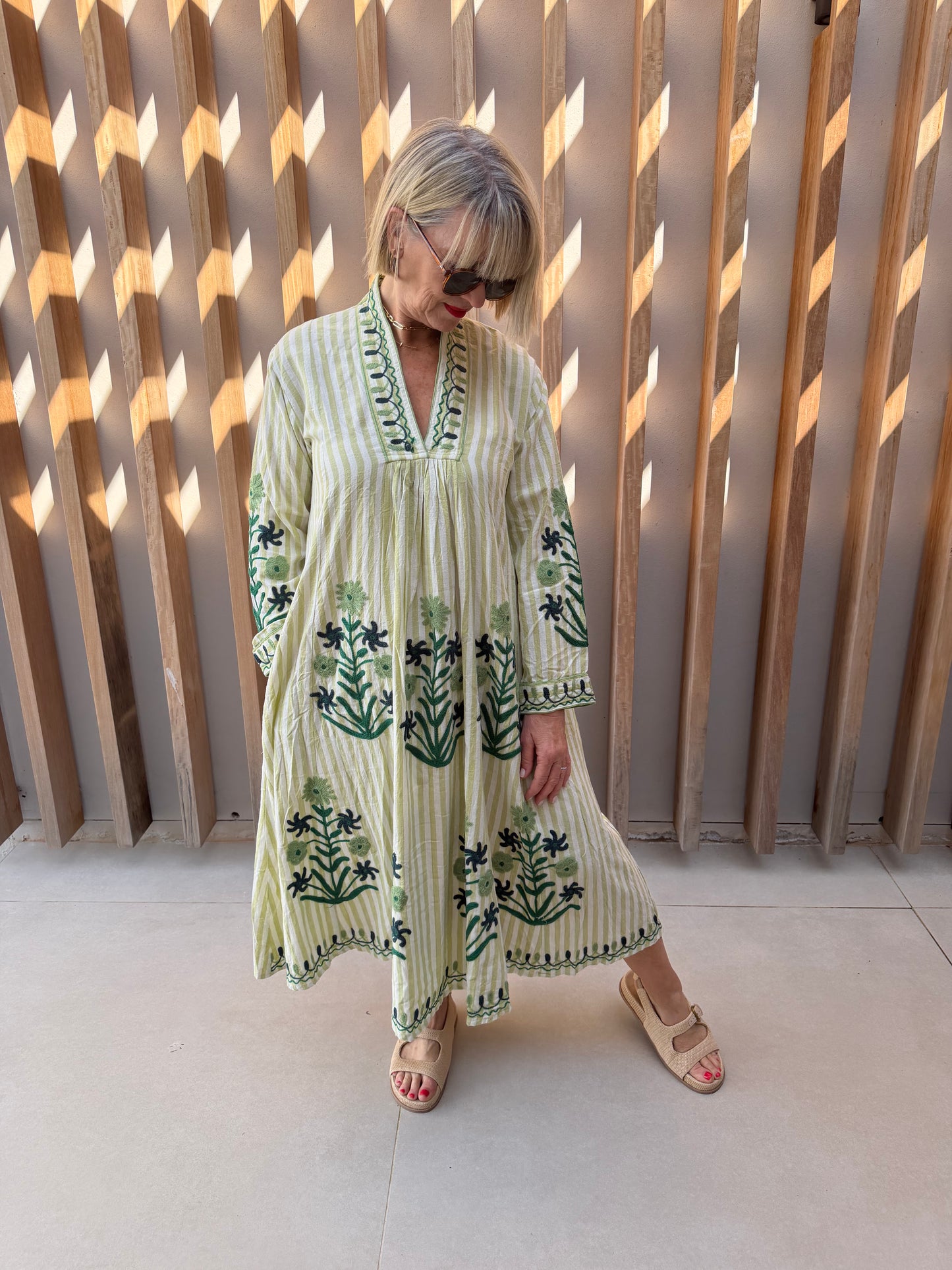 Green striped embroidered dress