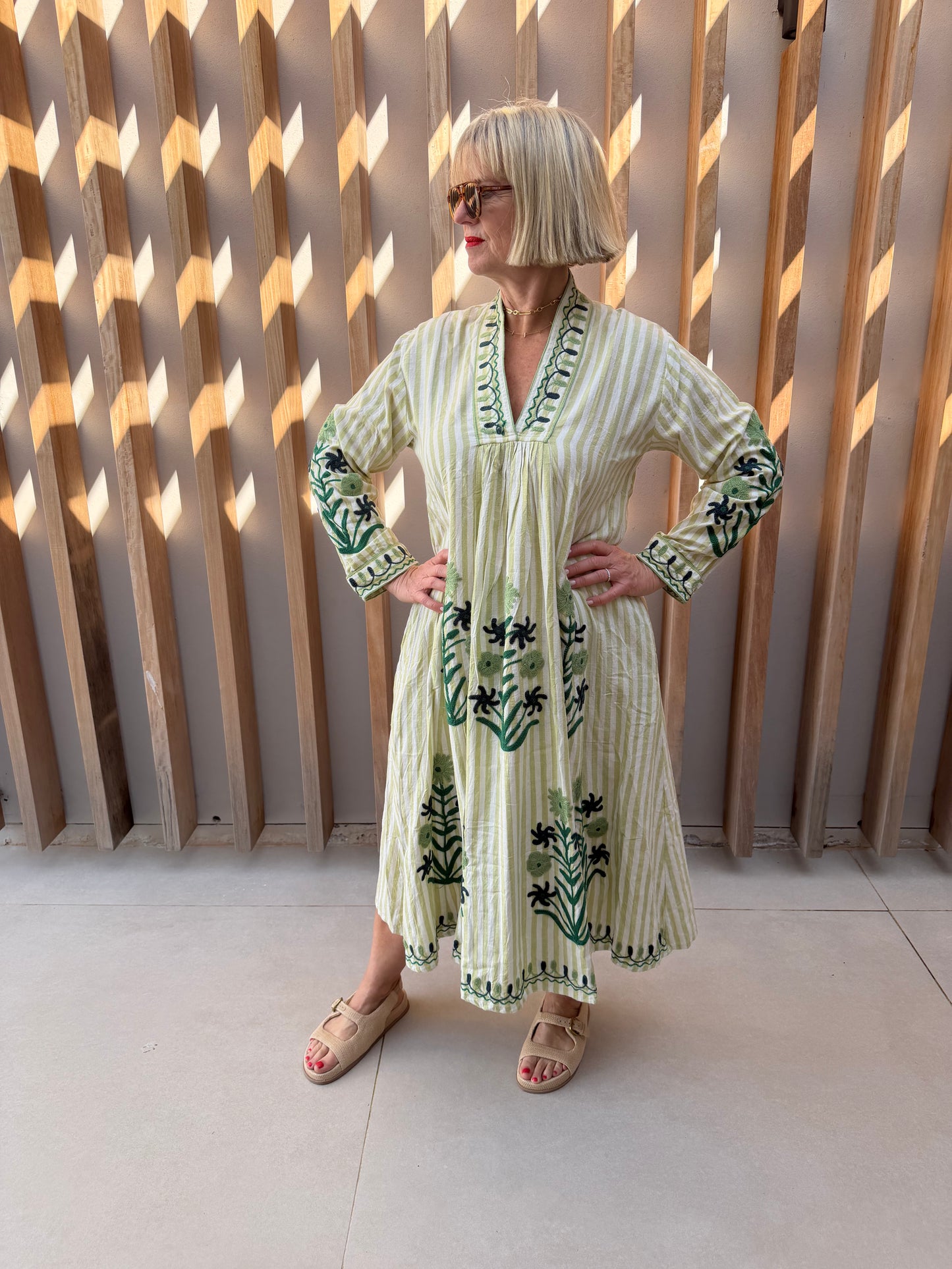 Green striped embroidered dress