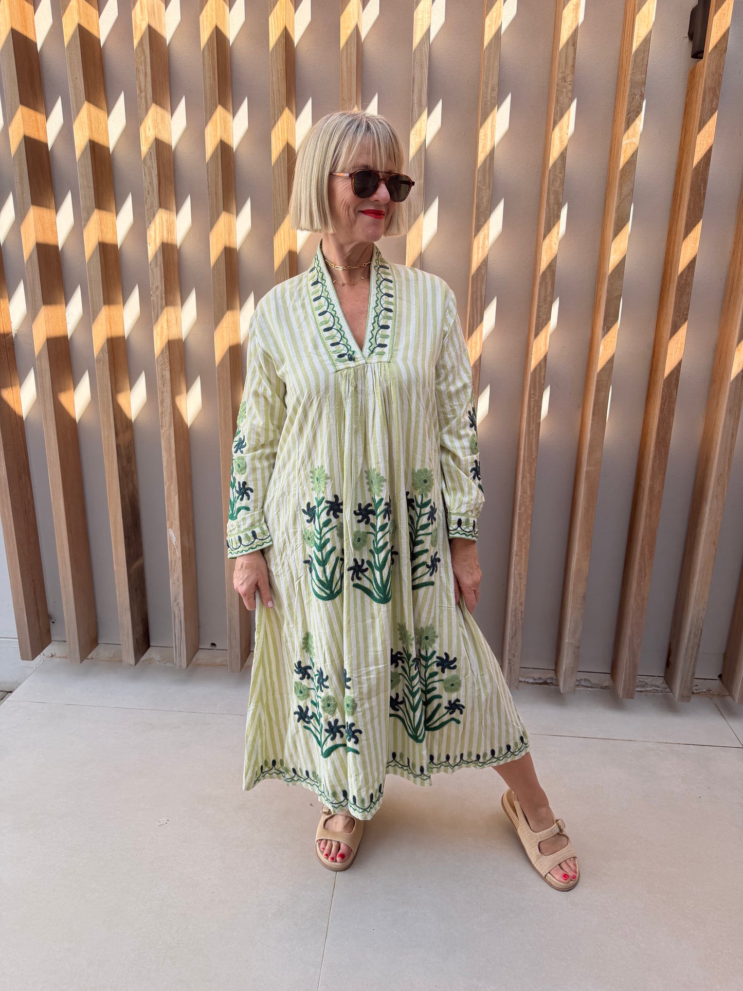 Green striped embroidered dress