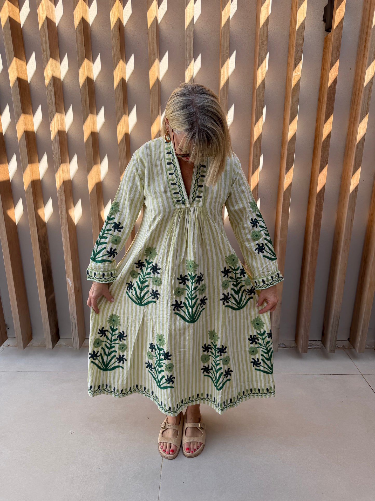 Green striped embroidered dress