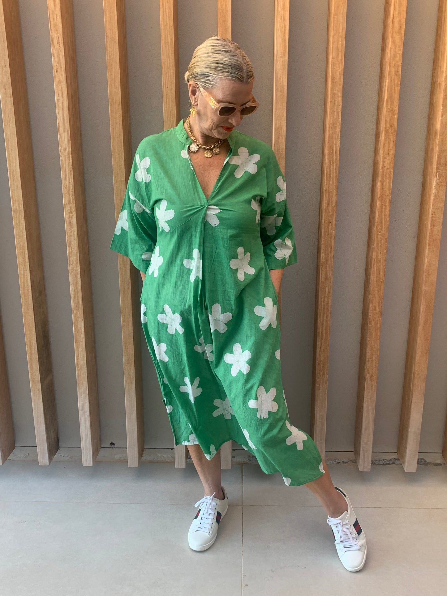 Green dress with white clover pattern