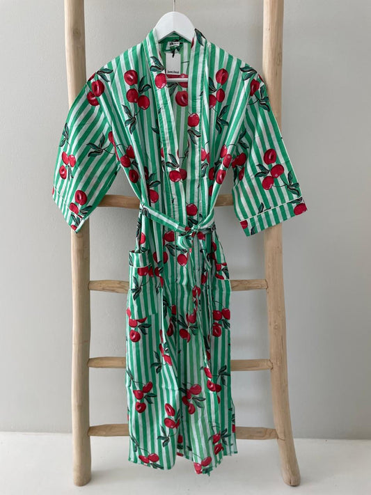 Green white striped floral Kimono