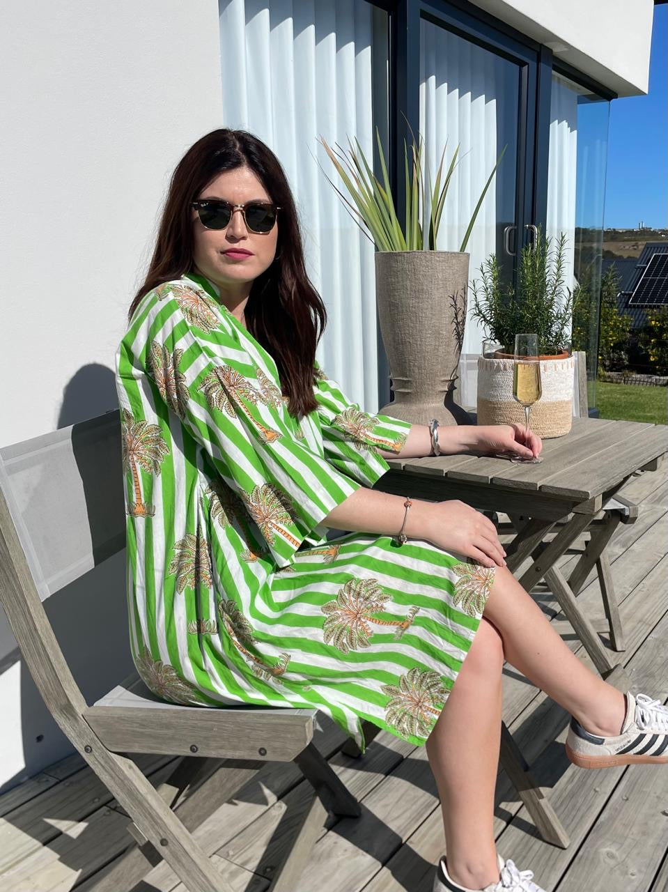 Green white stripe palm floral dress