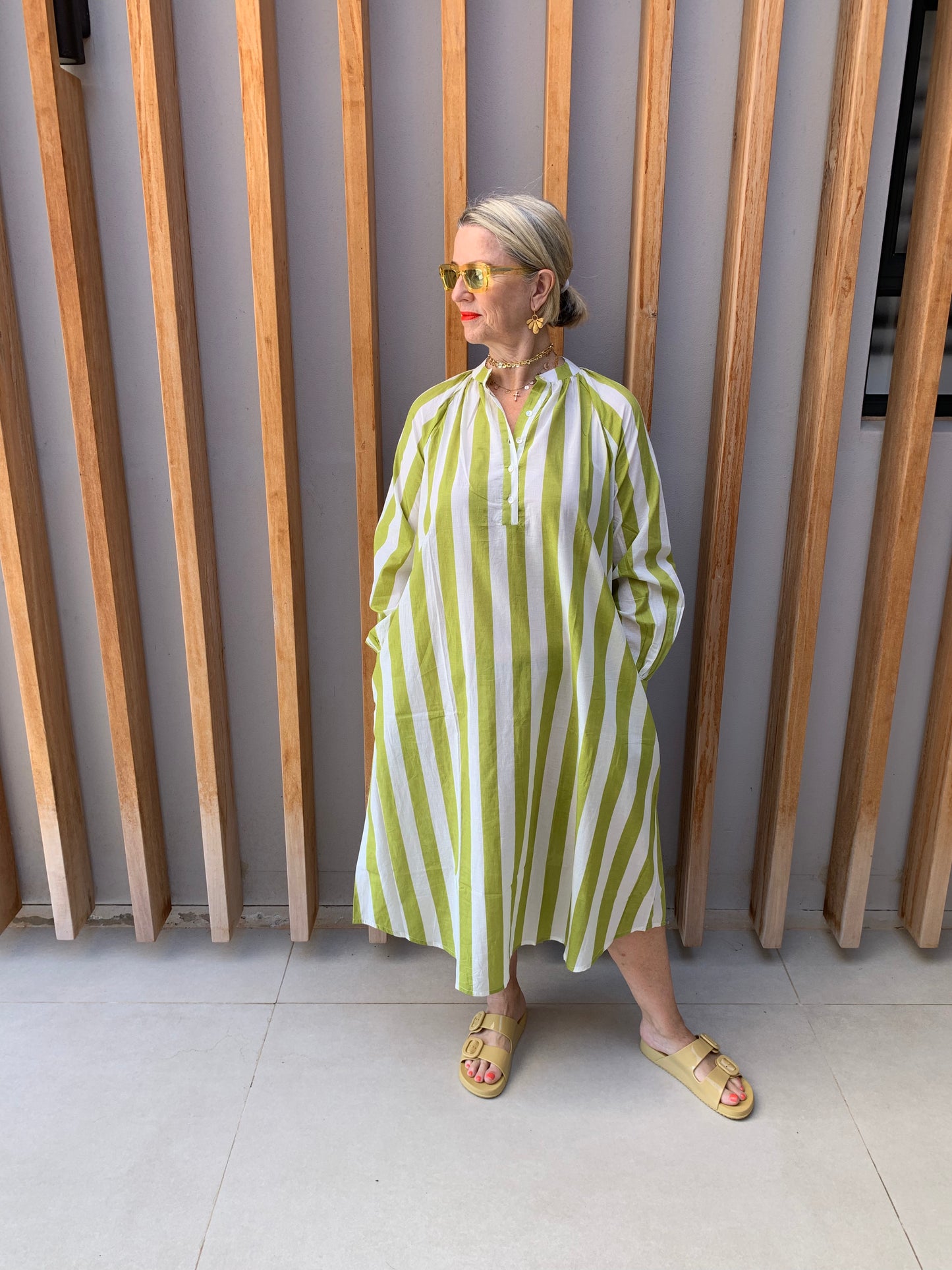Green & white striped dress