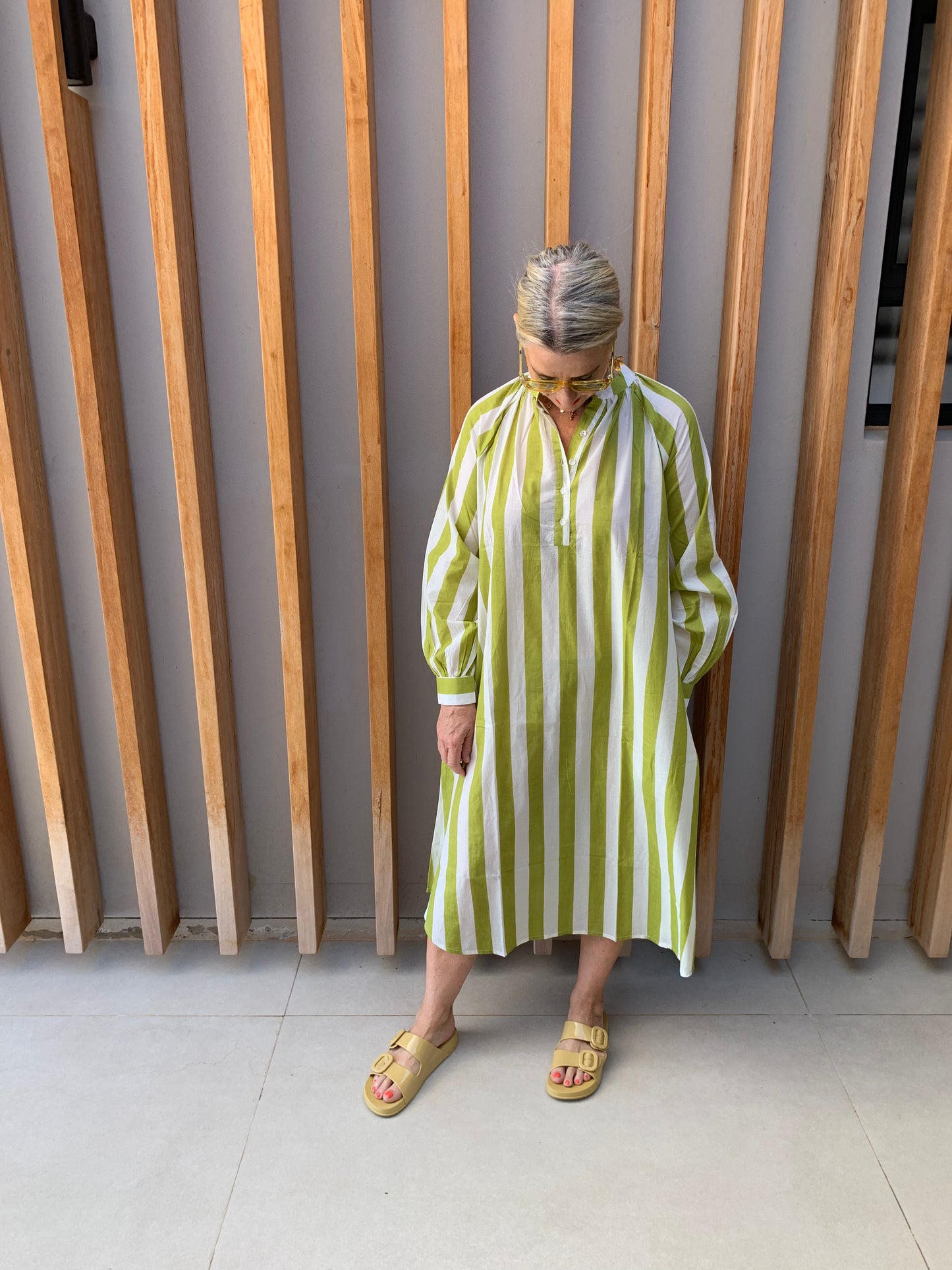 Green & white striped dress