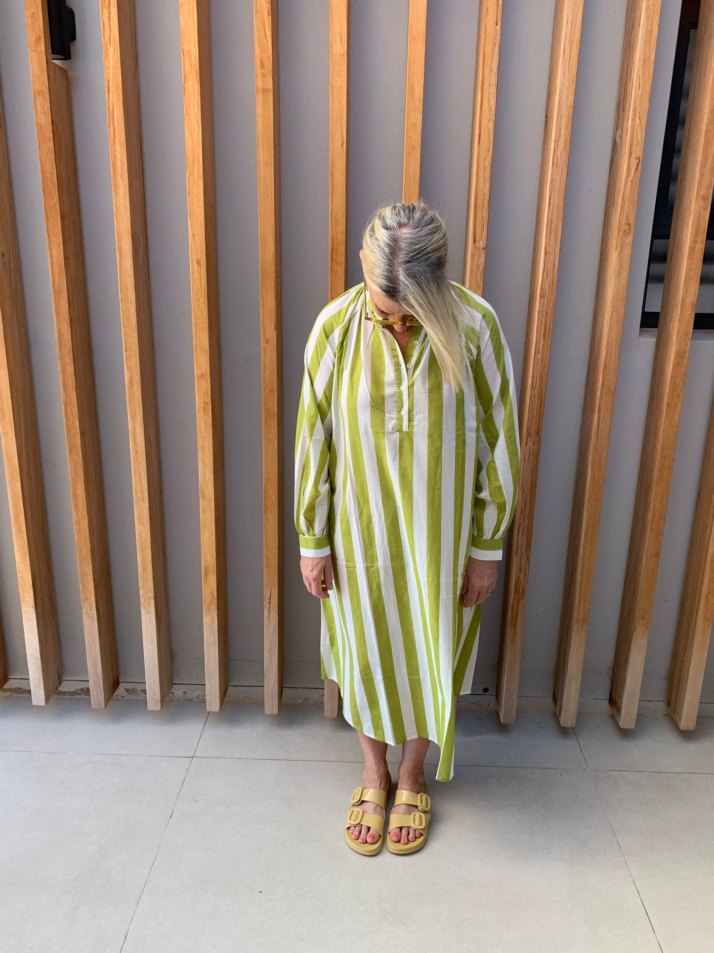 Green & white striped dress