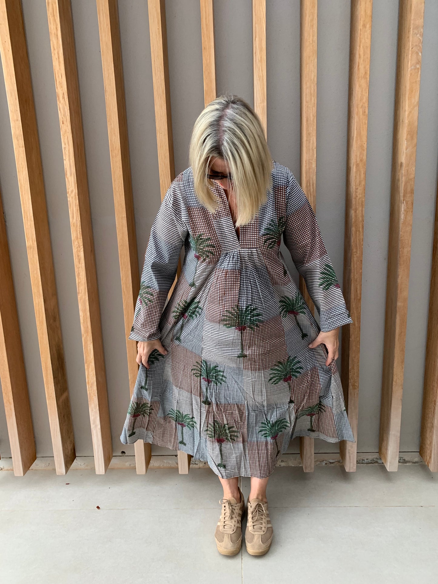 Grey & orange fine checked dress with green palm pattern