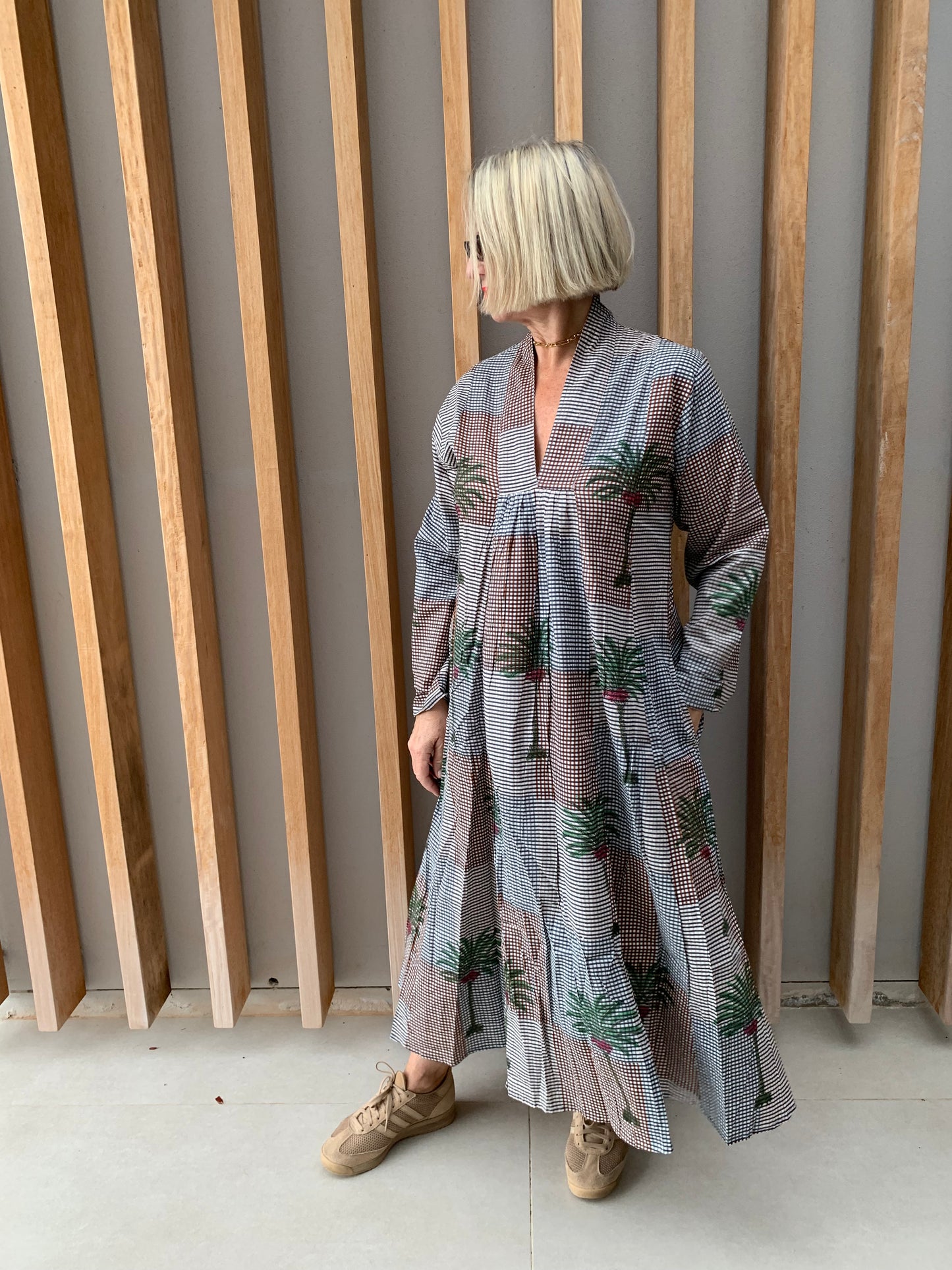 Grey & orange fine checked dress with green palm pattern