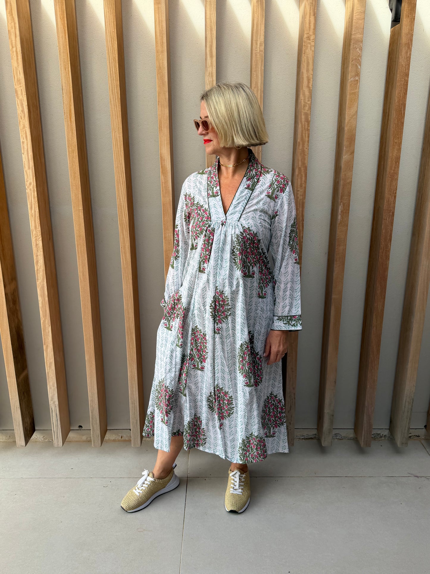 Green & white dress with fruit tree pattern