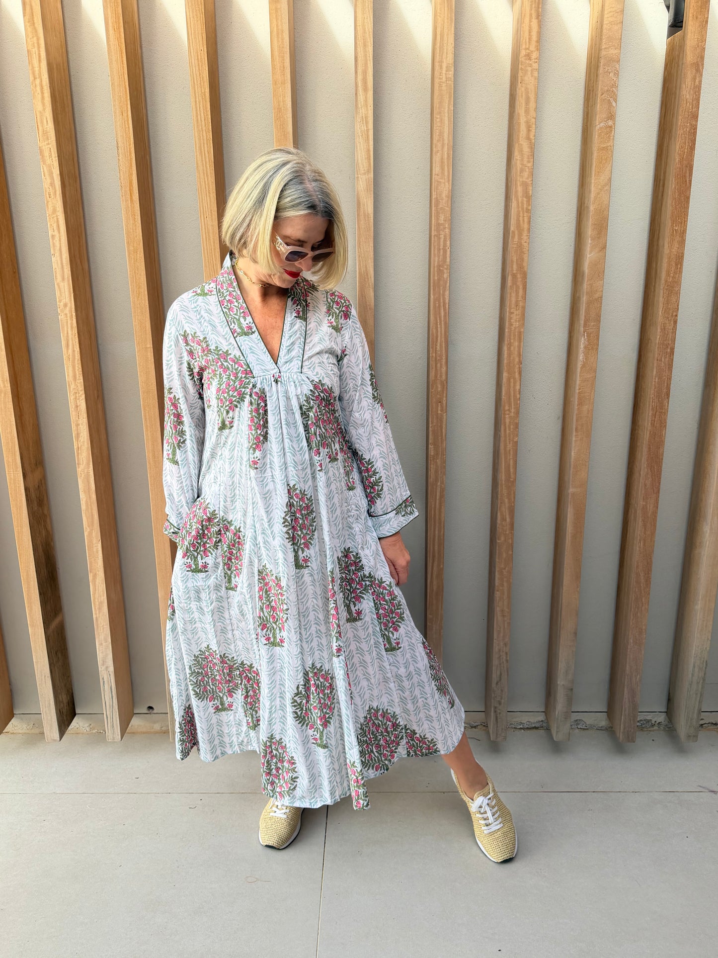 Green & white dress with fruit tree pattern