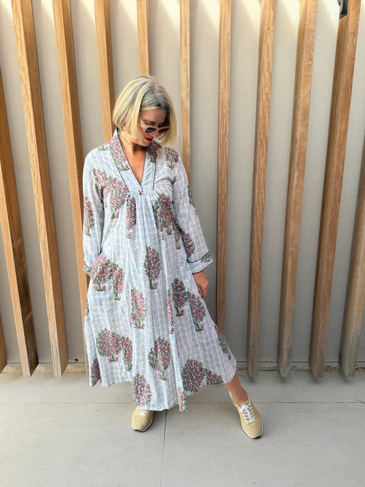 Green & white dress with fruit tree pattern