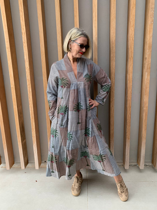 Grey & orange fine checked dress with green palm pattern