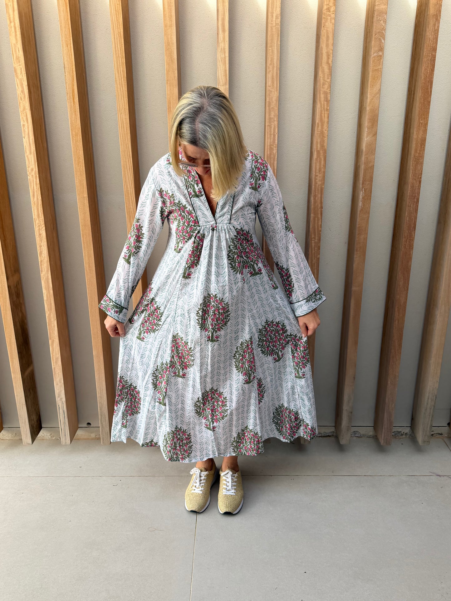 Green & white dress with fruit tree pattern