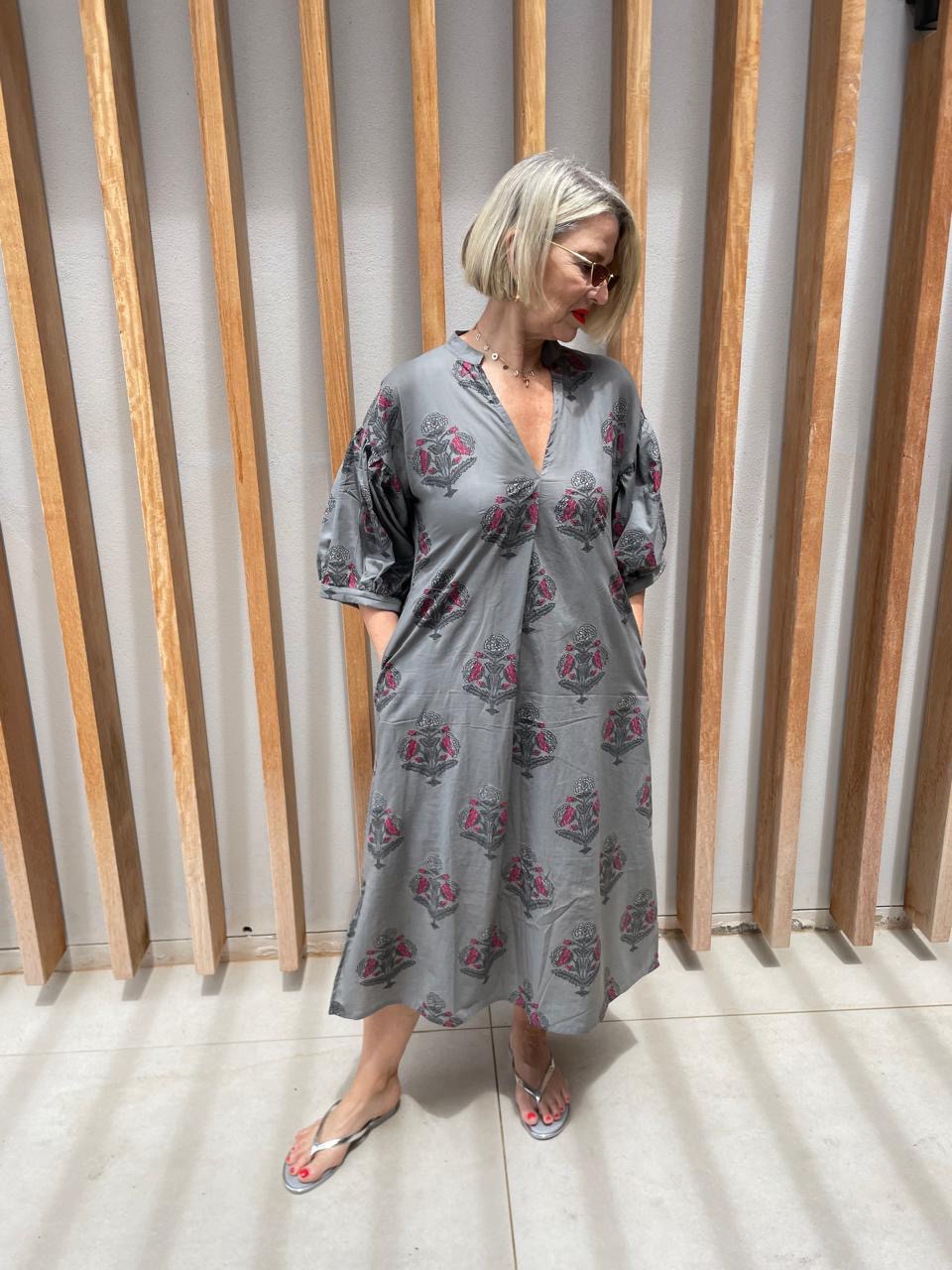 Grey dress with pink floral pattern