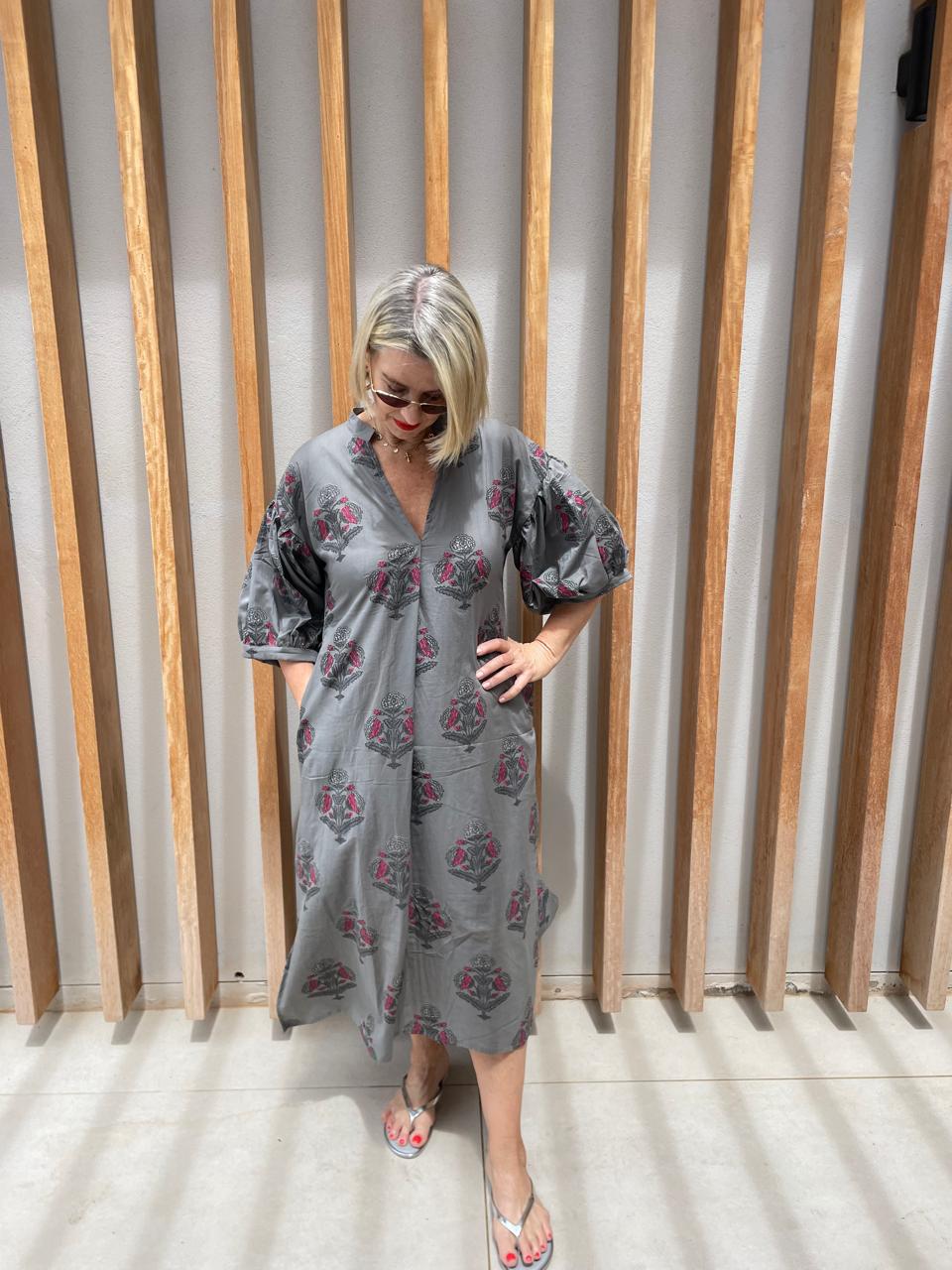 Grey dress with pink floral pattern